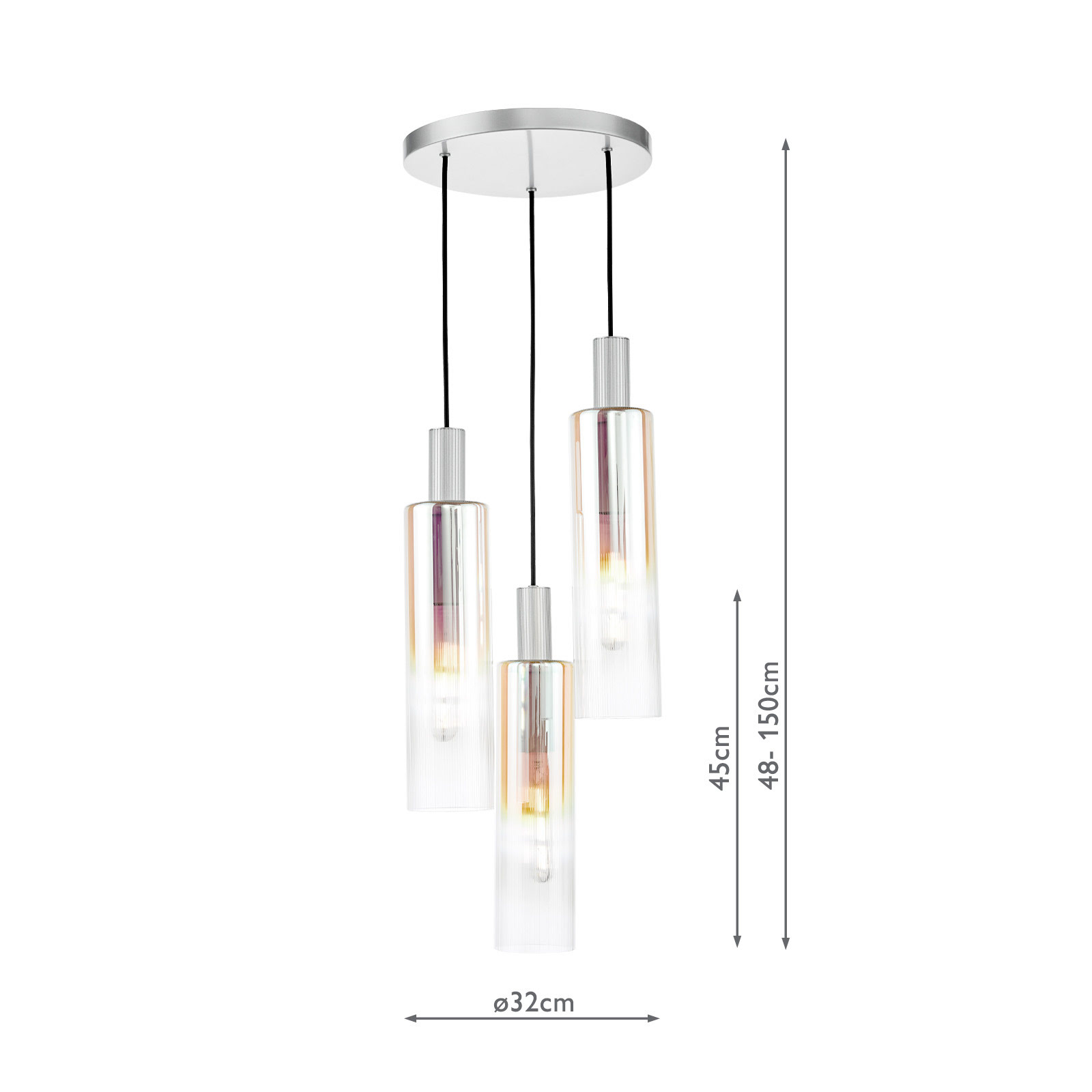 Ruben 3 Light Cluster Pendant Satin Silver and Ribbed Iridised Glass