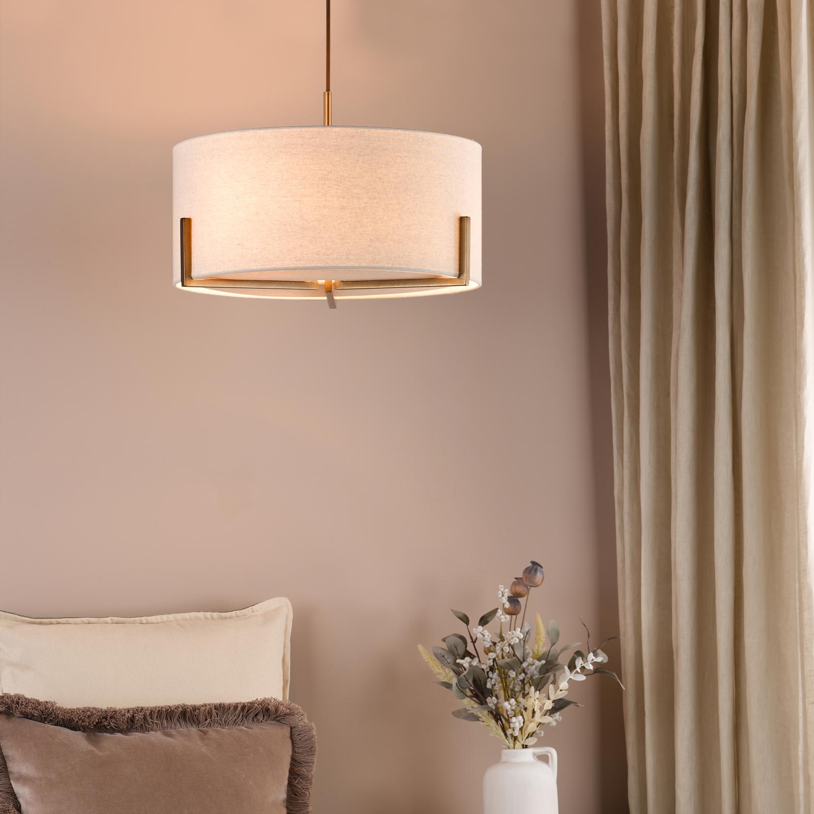 Santino 3 Light Pendant Antique Bronze With Natural Linen Shade