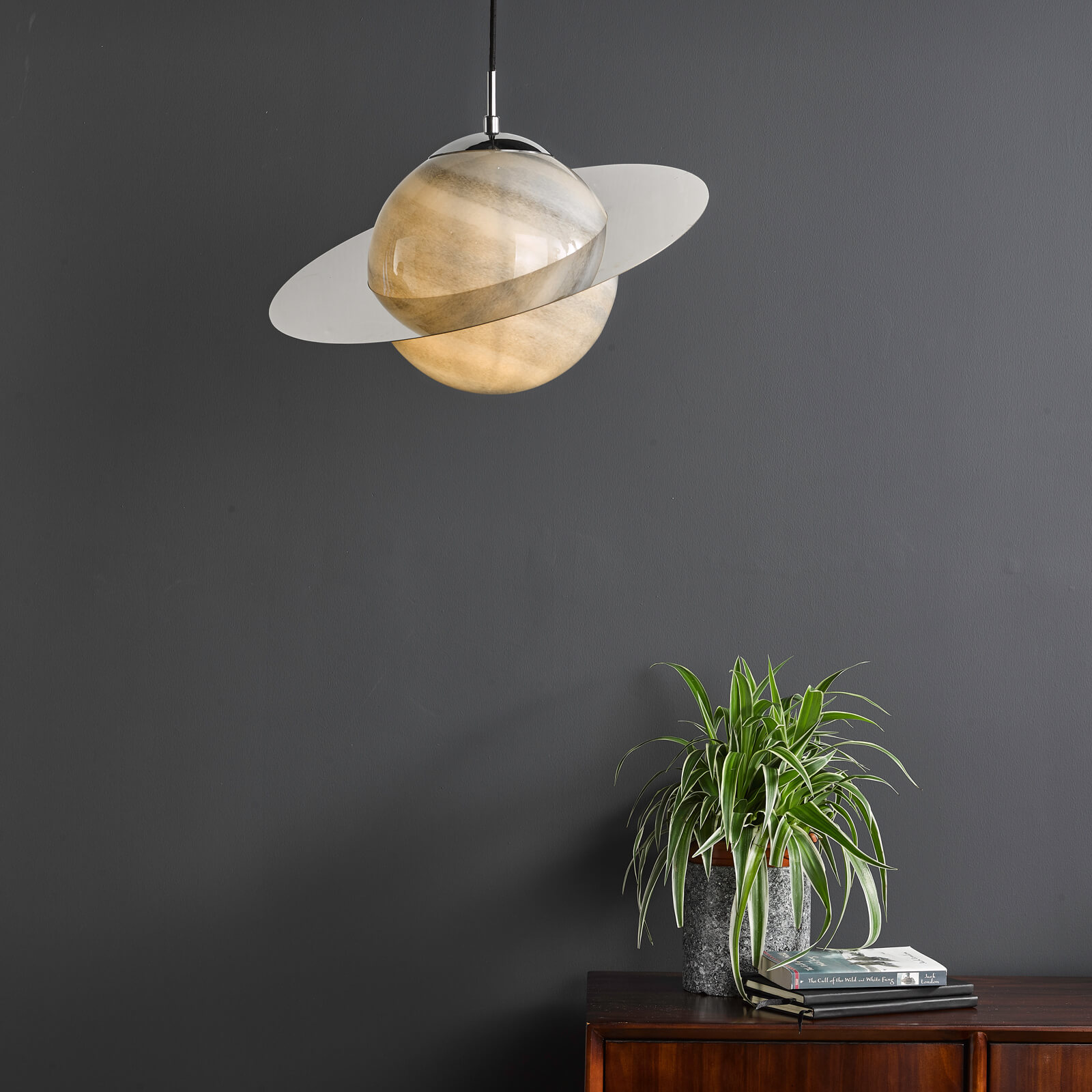 Saturn Pendant Planet Style Glass and Polished Chrome