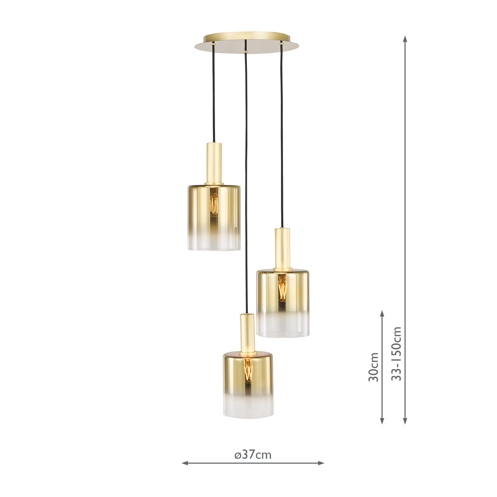 Savannah 3 Light Cluster Pendant Satin Gold and Gold Ombre Glass