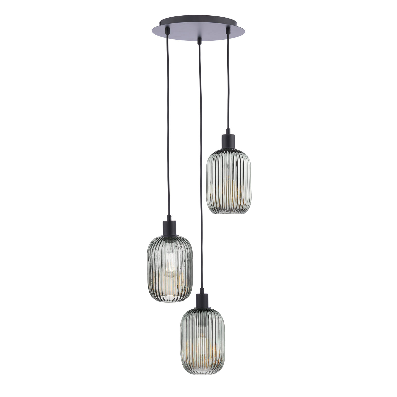 3 Light Cluster Pendant Matt Black and Smoked Ribbed Glass
