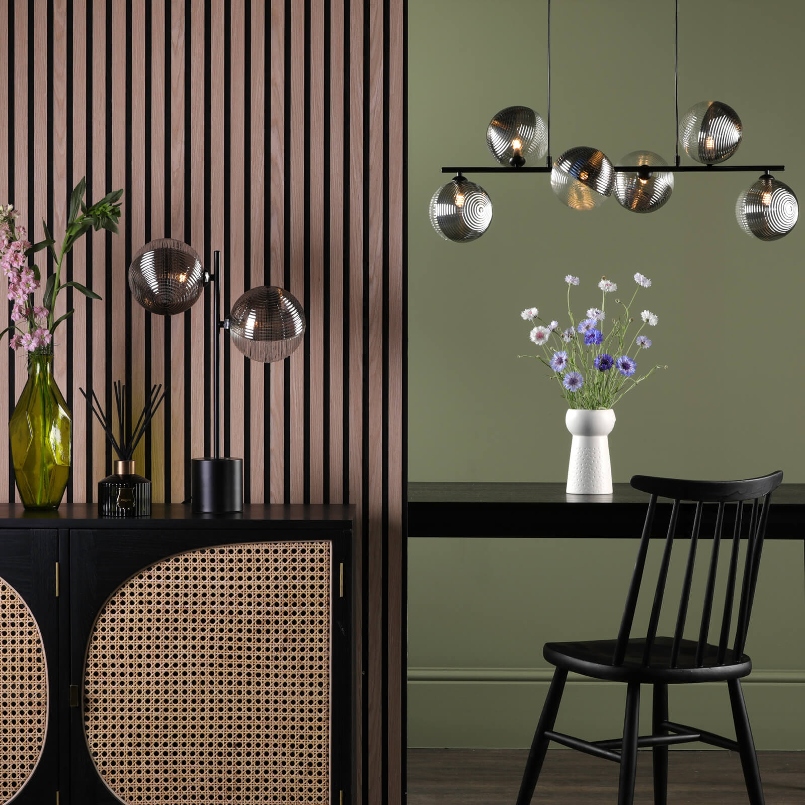 Spiral 2 Light Table Lamp Matt Black With Smoked/Clear Ribbed Glass