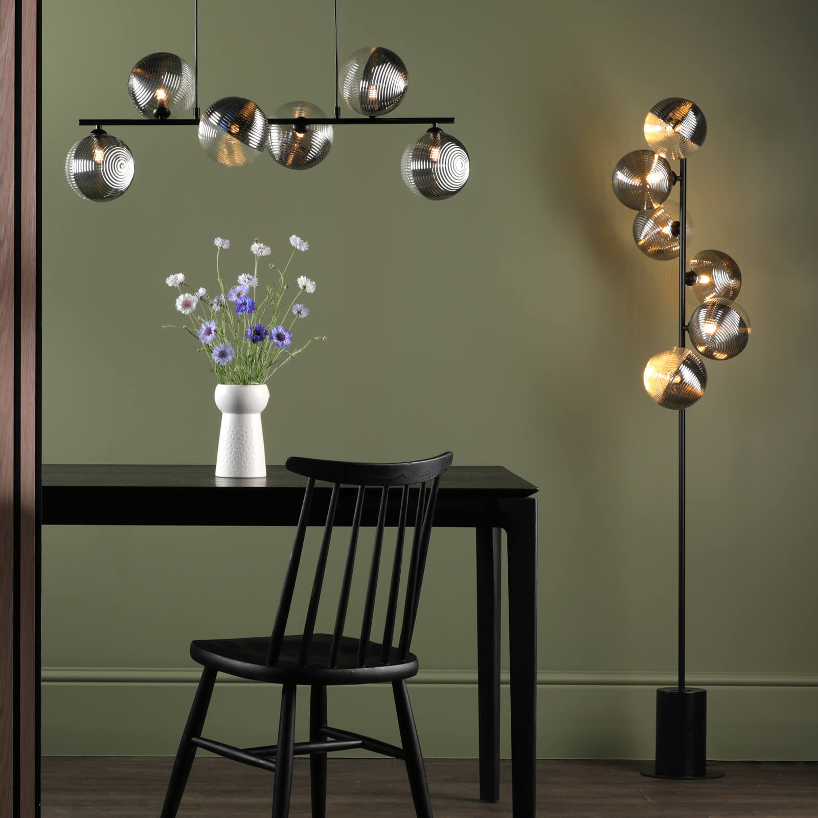 Spiral 6 Light Floor Lamp Matt Black With Smoked/Clear Ribbed Glass