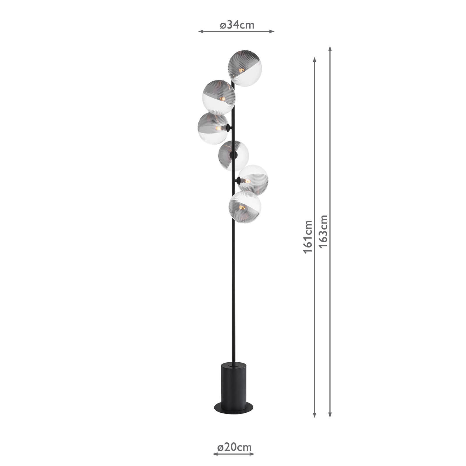 Spiral 6 Light Floor Lamp Matt Black With Smoked/Clear Ribbed Glass
