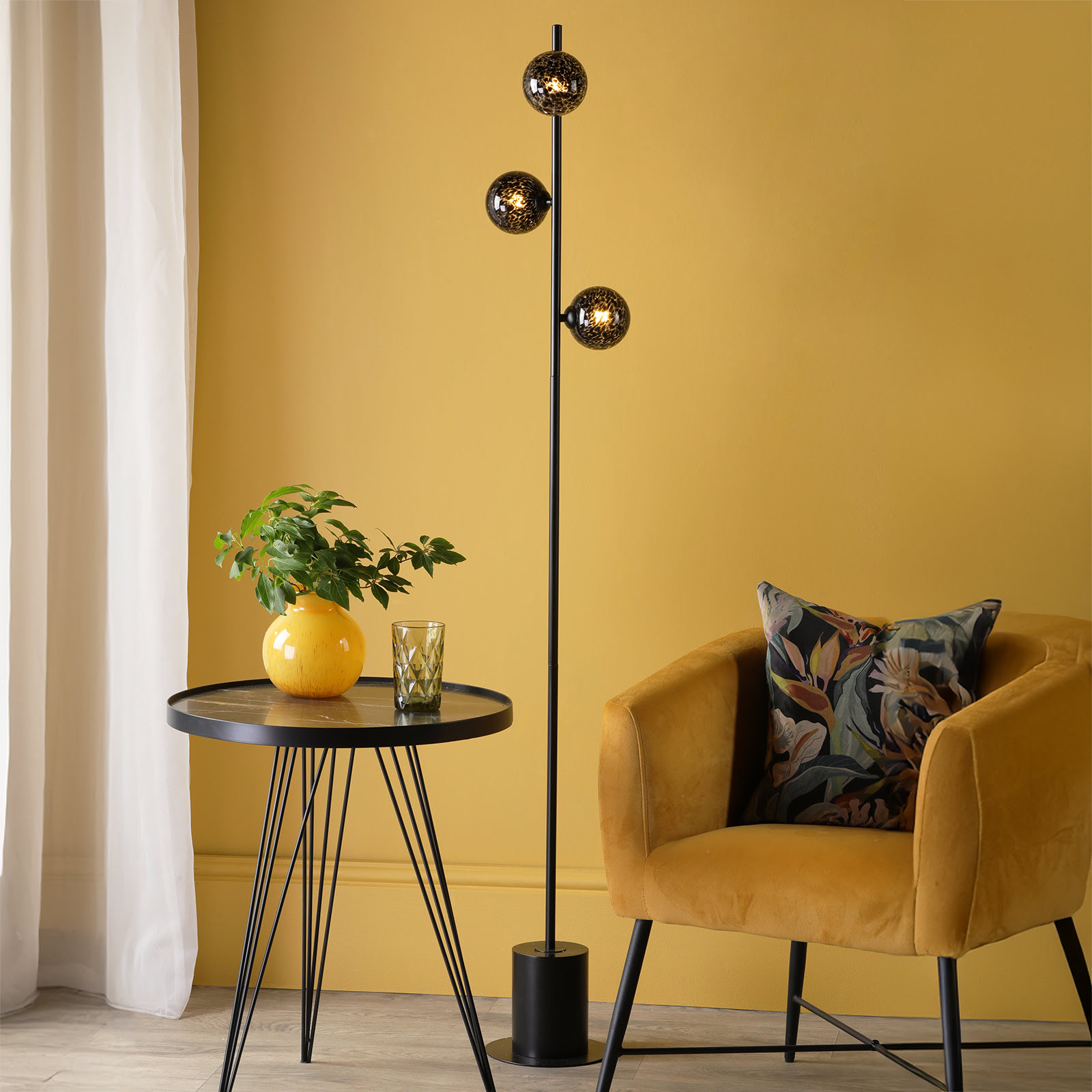 Spiral 6 Light Floor Lamp Matt Black With Black Confetti Glass
