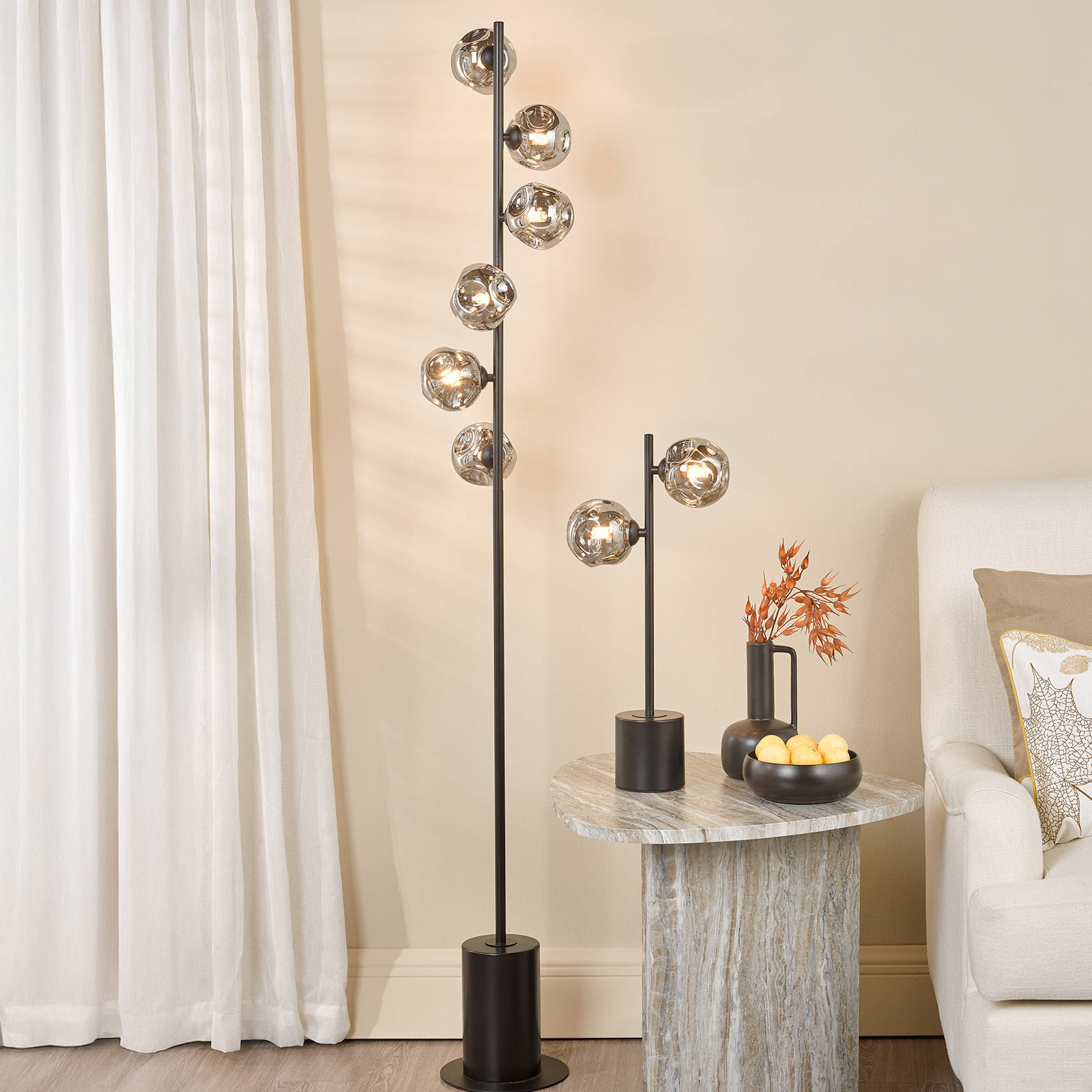 Spiral 6 Light Floor Lamp Matt Black With Closed Organic Smoked Glass
