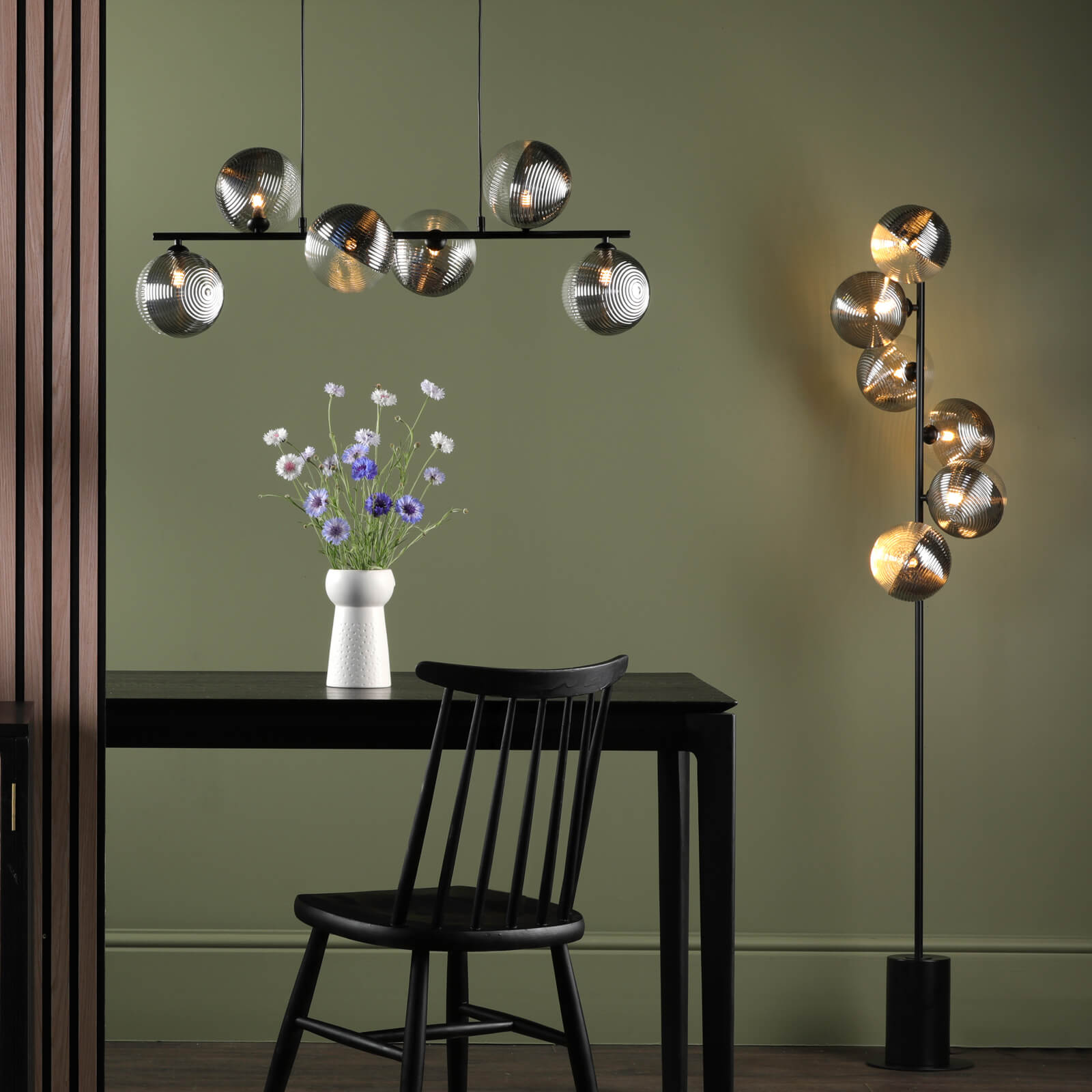 Spiral 6 Light Bar Pendant Matt Black With Smoked/Clear Ribbed Glass