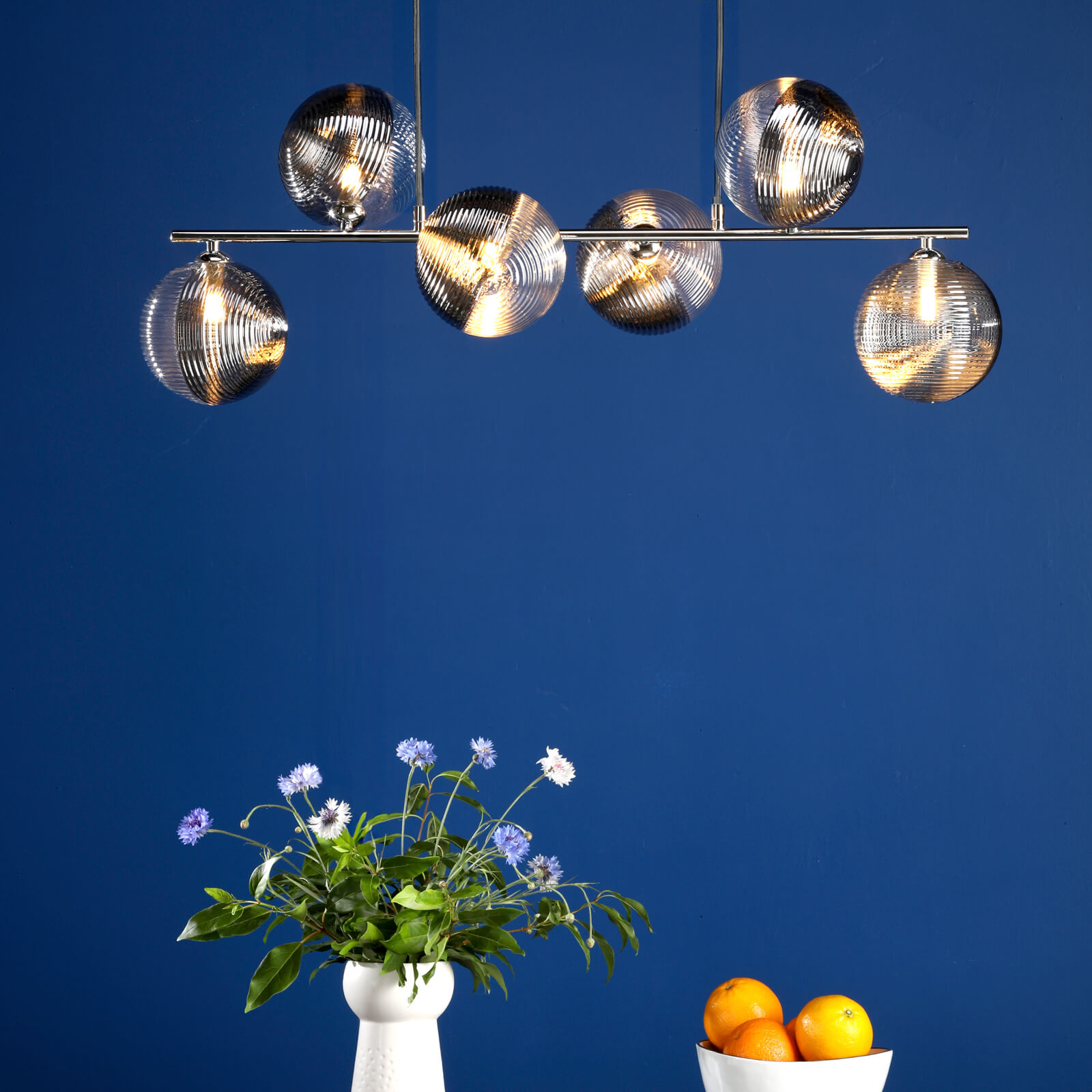 Spiral 6 Light Bar Pendant Polished Chrome With Smoked/Clear Ribbed Glass