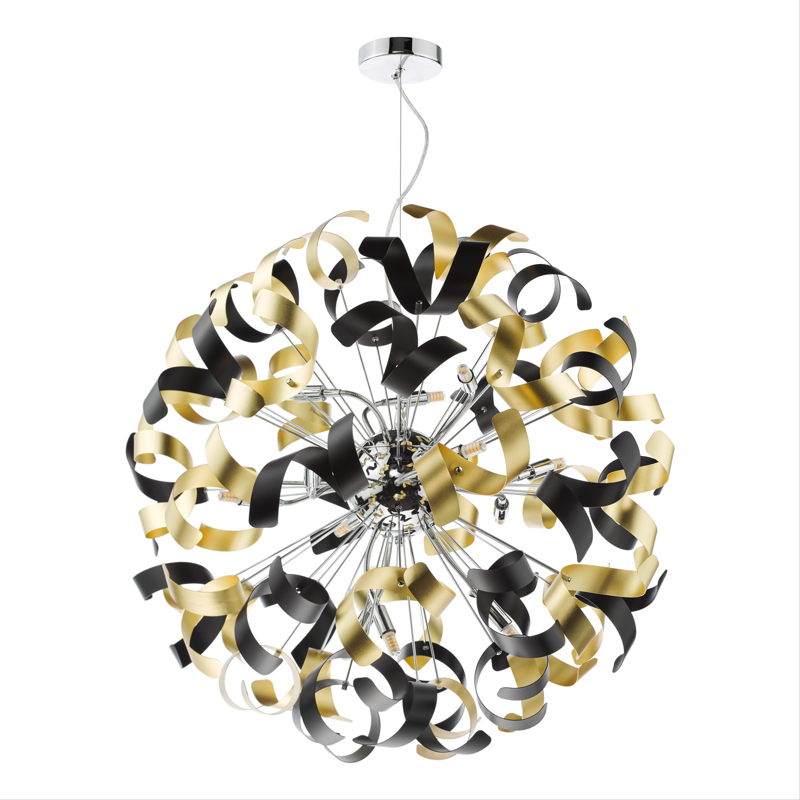 Swash 12 Light Pendant Polished Chrome With Black & Gold Ribbons