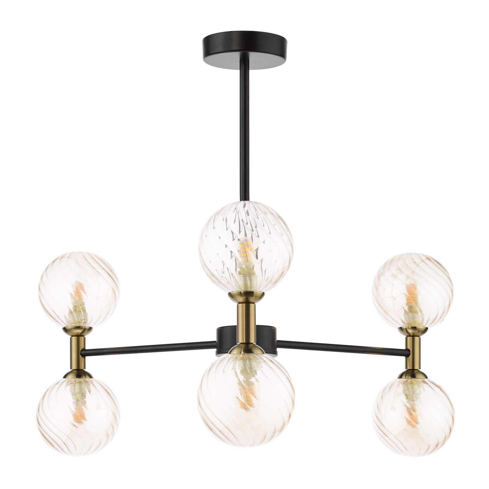 Takara 6 Light Semi-Flush Matt Black and Bronze With Twisted Amber Glass