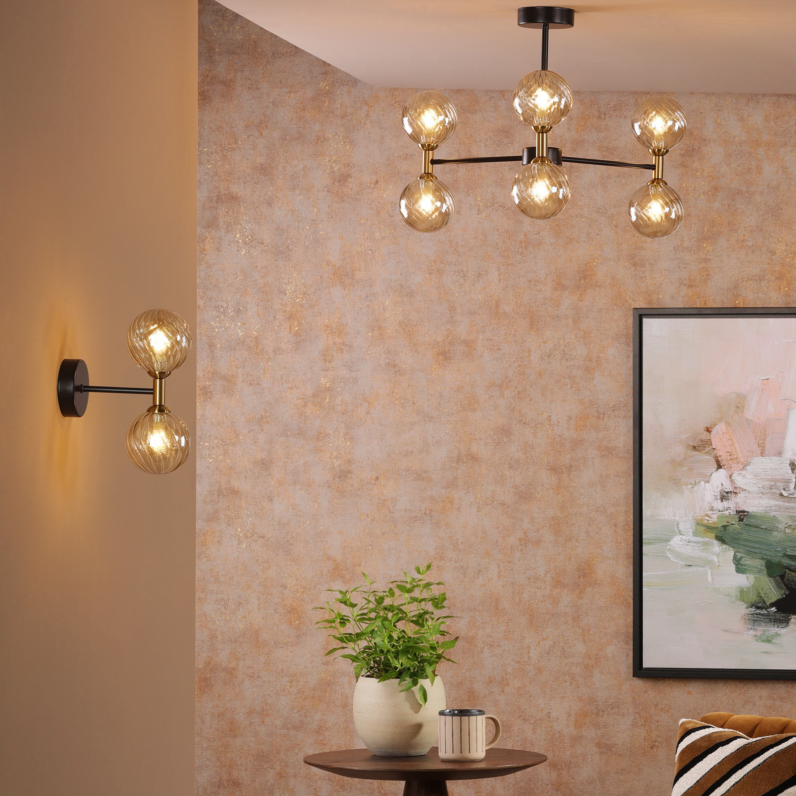 Takara 6 Light Semi-Flush Matt Black and Bronze With Twisted Amber Glass