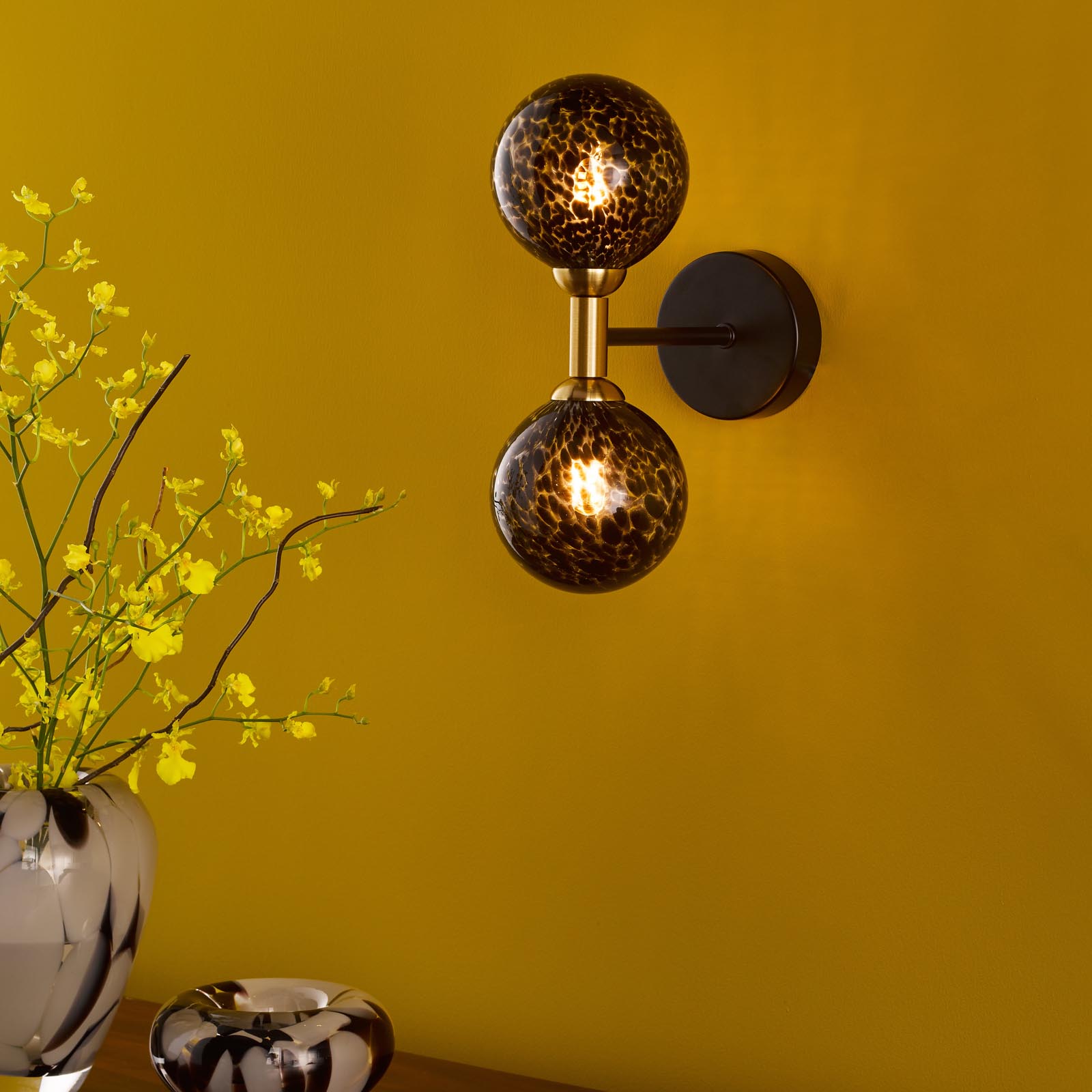 Takara 2 Light Wall Light Matt Black and Bronze With Black Confetti Glass