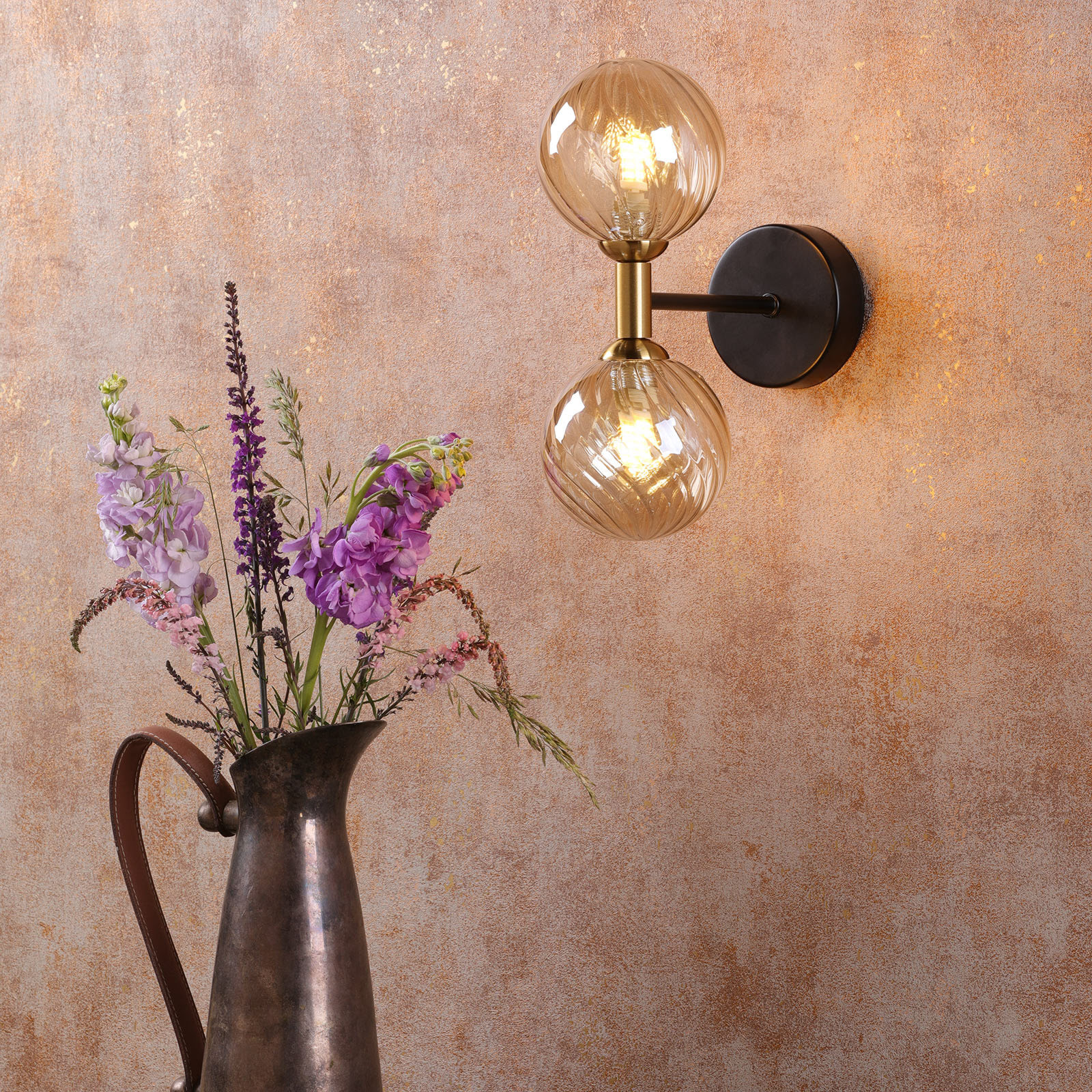 Takara 2 Light Wall Light Matt Black and Bronze With Twisted Amber Glass