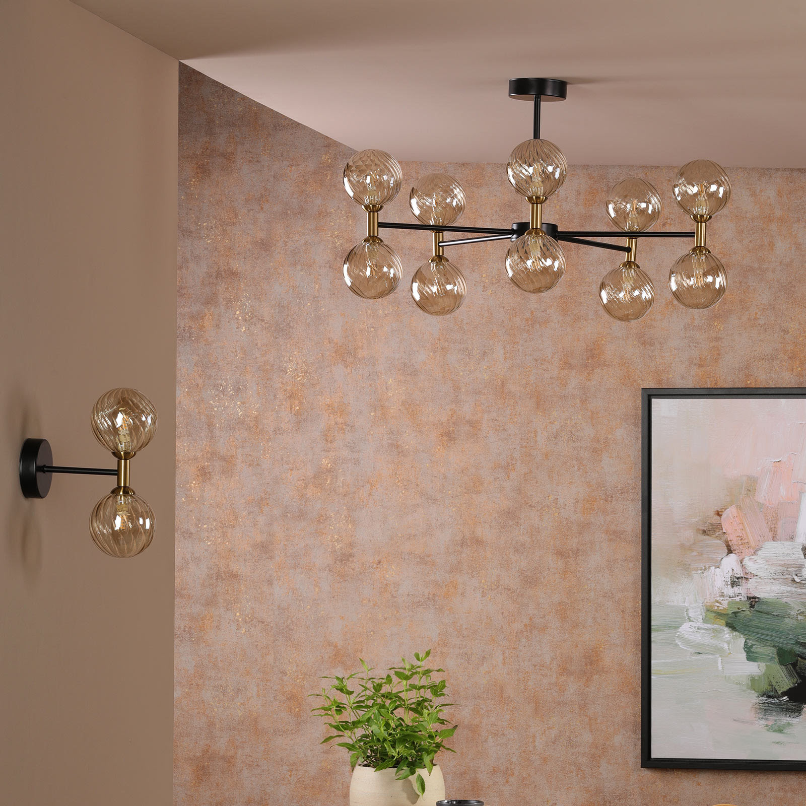 Takara 10 Light Semi-Flush Matt Black and Bronze With Twisted Amber Glass