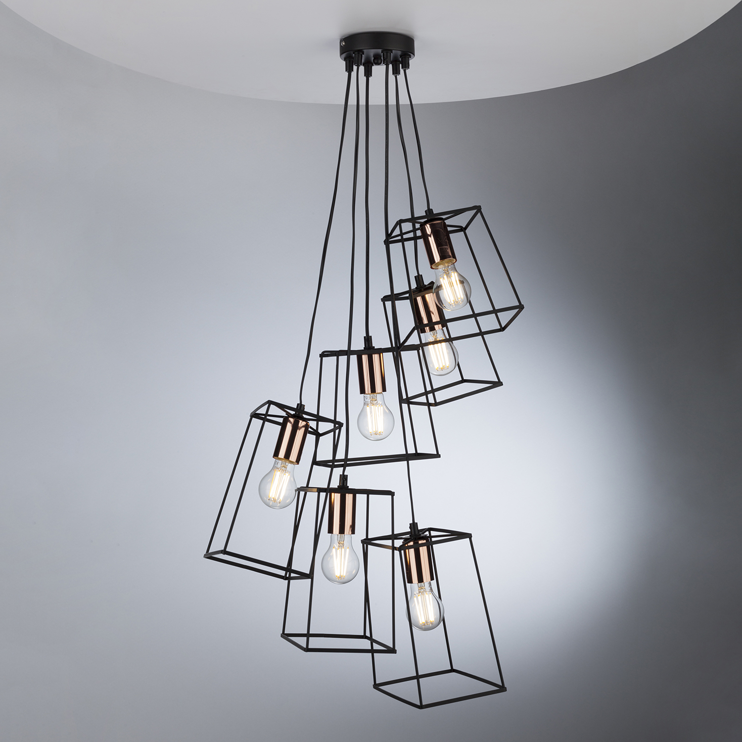 Tower 6 Light Cluster Pendant Matt Black & Copper