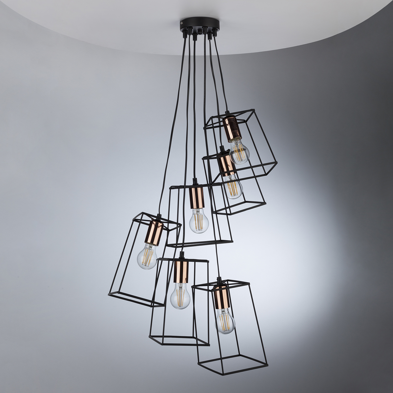 Tower 6 Light Cluster Pendant Matt Black & Copper