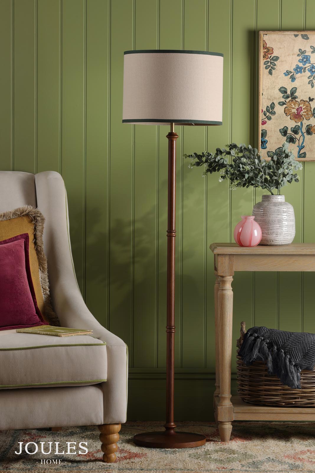 Joules Hardwick Floor Lamp Dark Wood and Matt Antique Brass With Shade