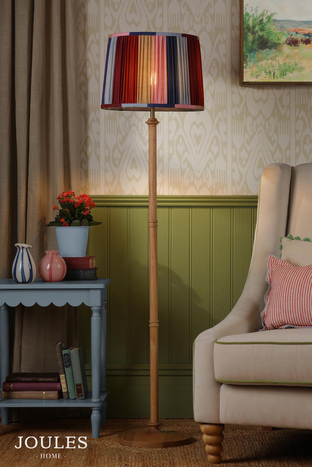 Joules Hardwick Floor Lamp Wood and Matt Antique Brass With Shade