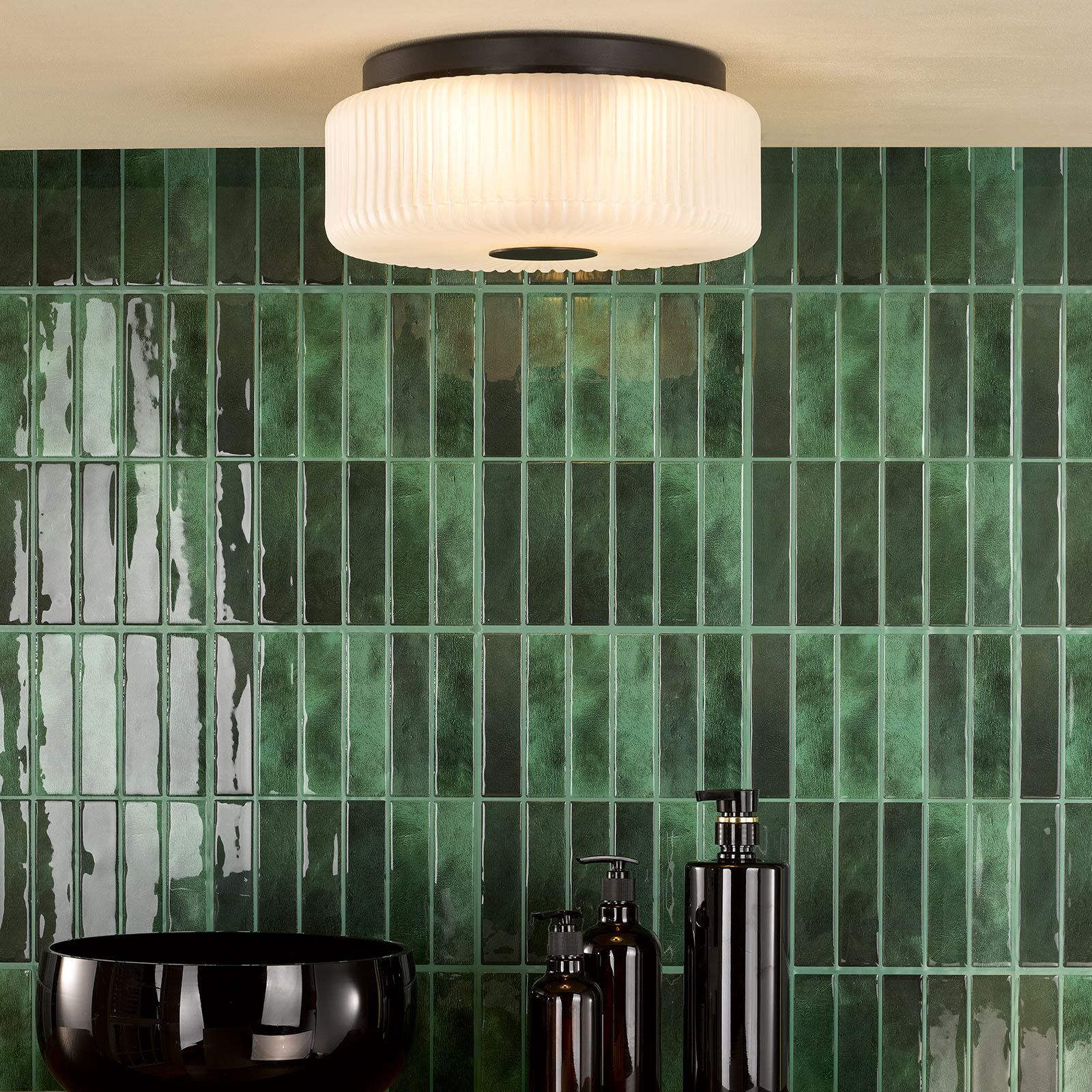 Twyman 3 Light Bathroom Ceiling Light Satin Black and White Ribbed Glass IP44