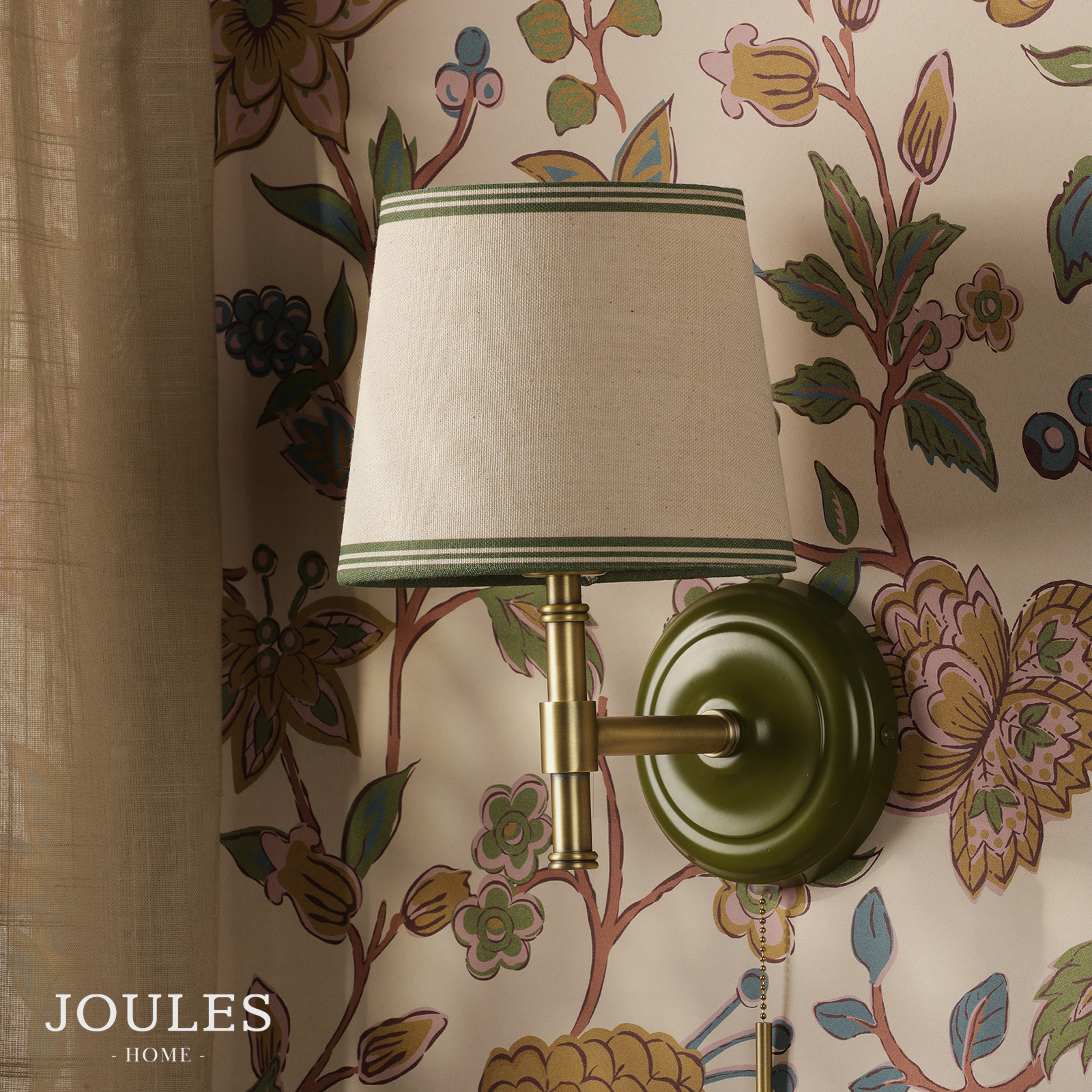Joules Upton Wall Light Matt Green and Matt Antique Brass With Shade