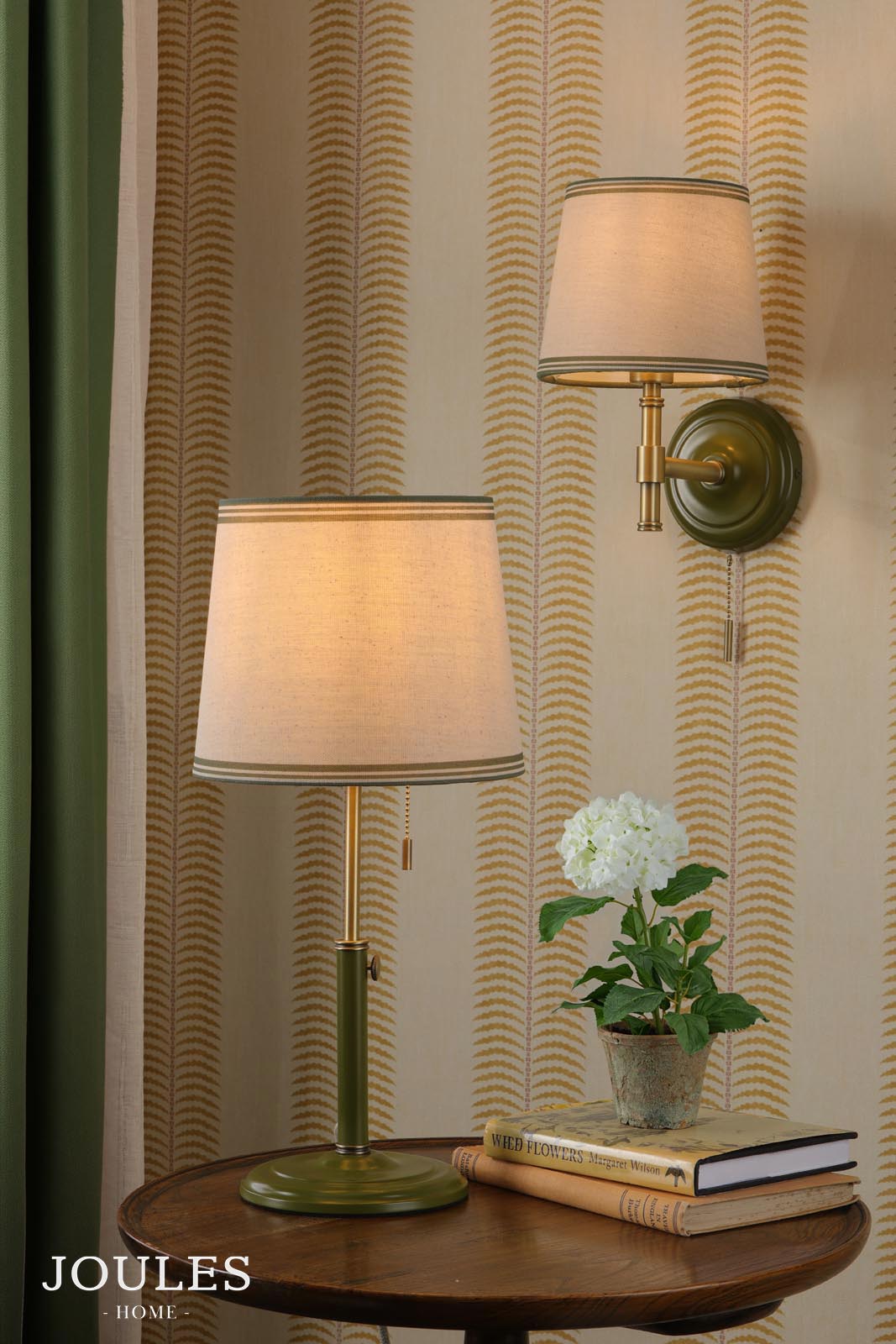 Joules Upton Wall Light Matt Green and Matt Antique Brass With Shade