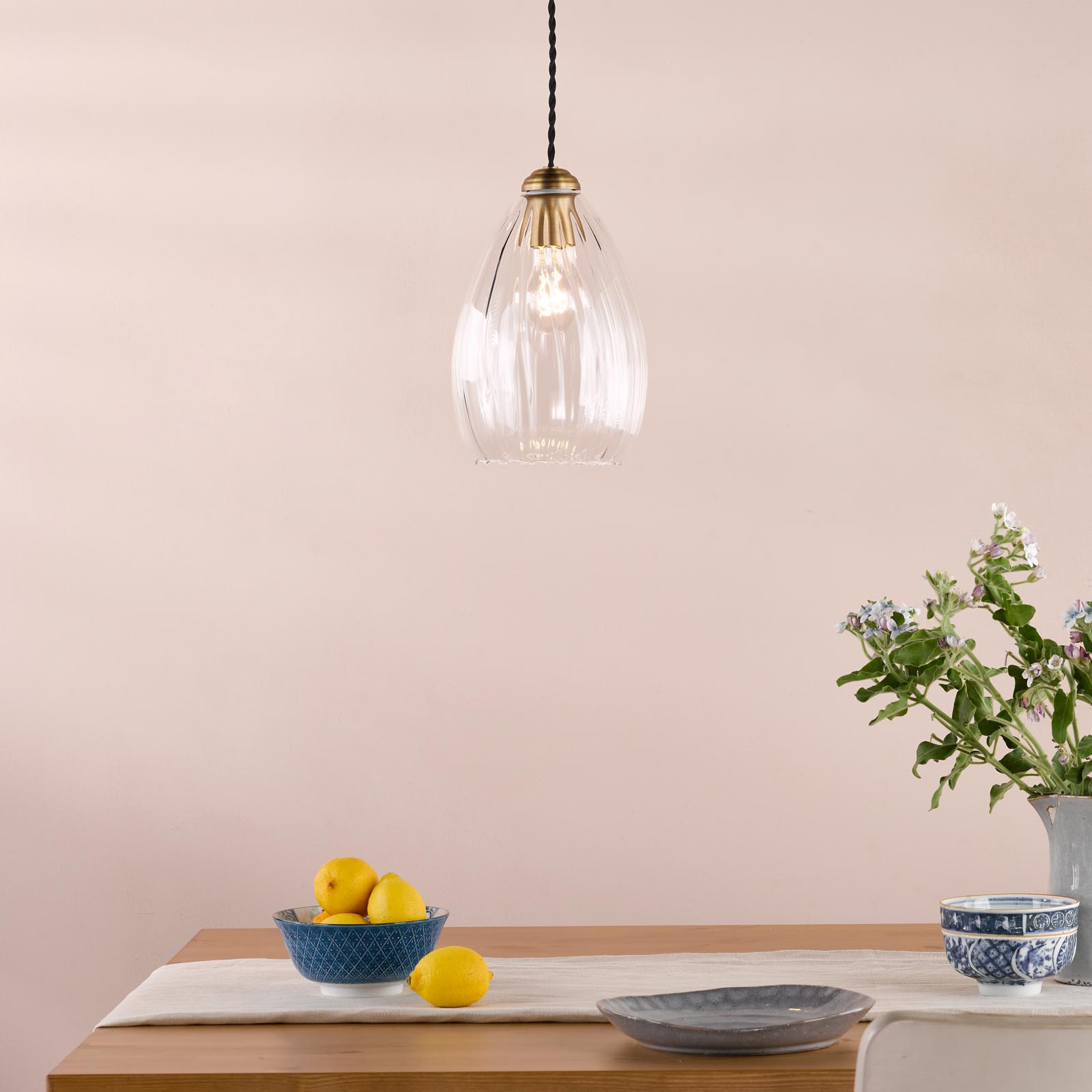 Valora Pendant Antique Bronze and Ribbed Glass