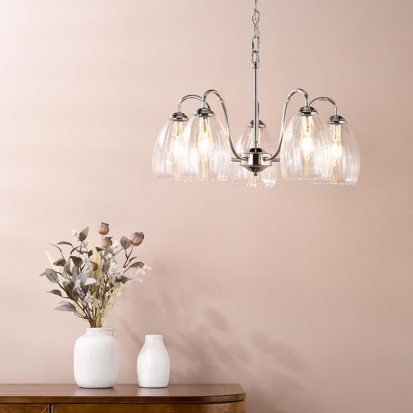 Valora 5 Light Pendant Polished Nickel and Ribbed Glass