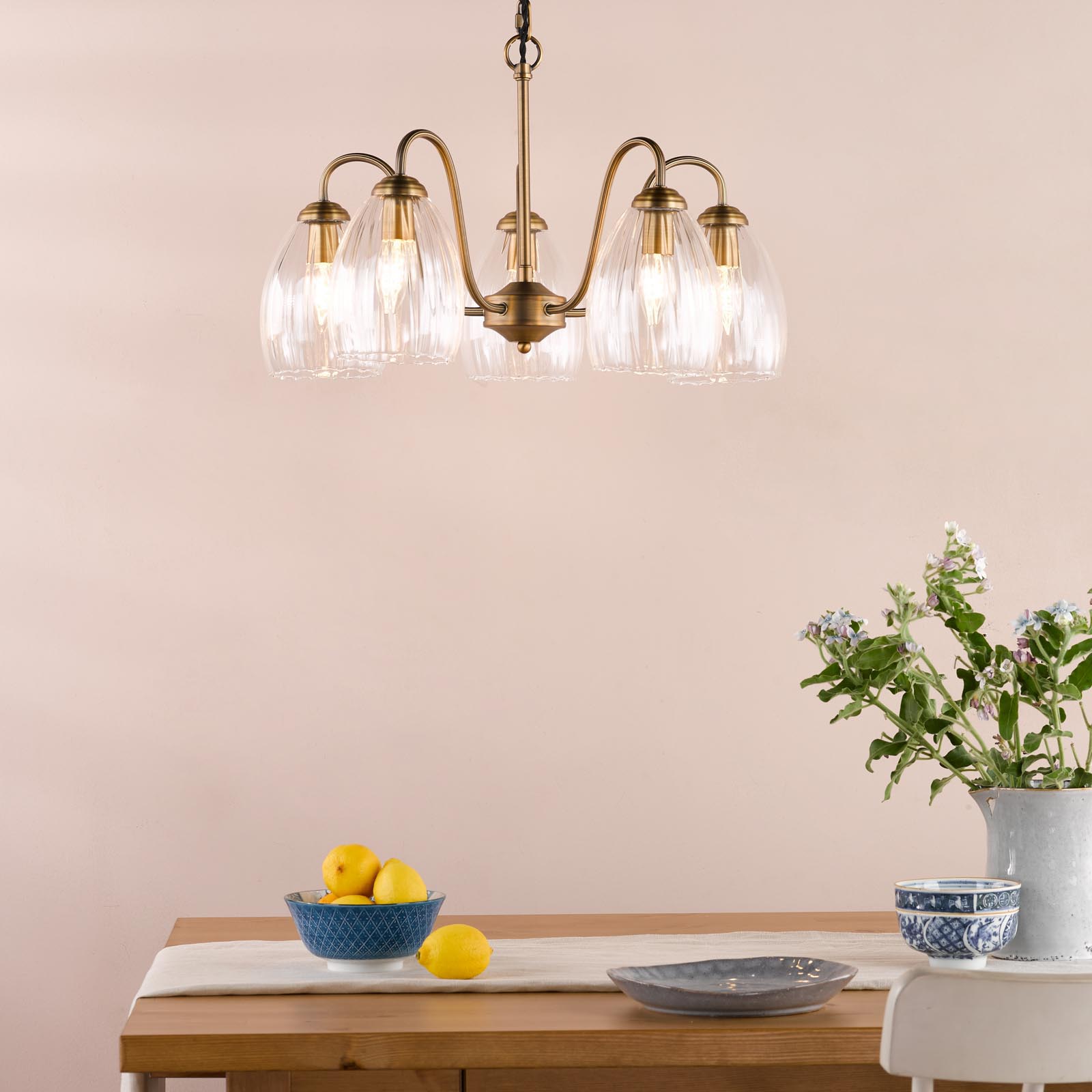Valora 5 Light Pendant Antique Bronze and Ribbed Glass