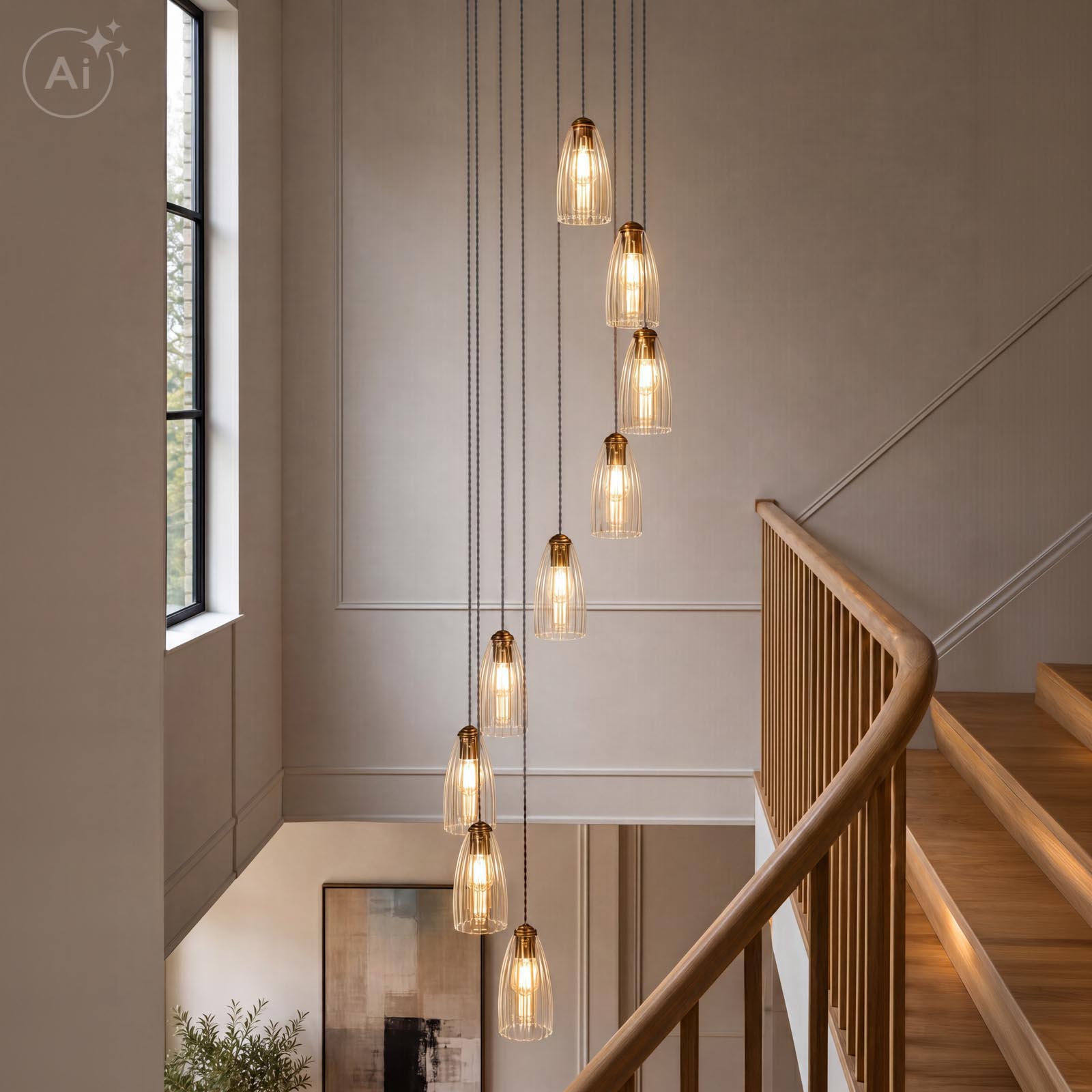 Valora 9 Light Cluster Pendant Antique Bronze and Ribbed Glass