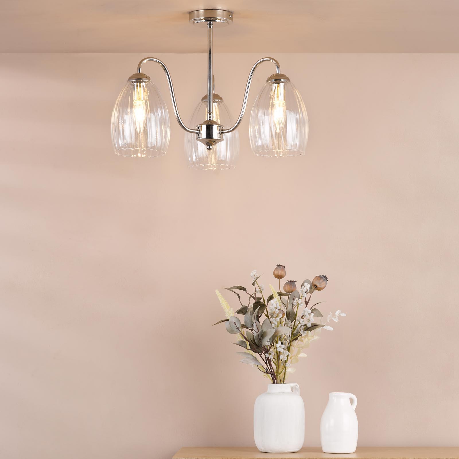 Valora 3 Light Semi-Flush Polished Nickel and Ribbed Glass