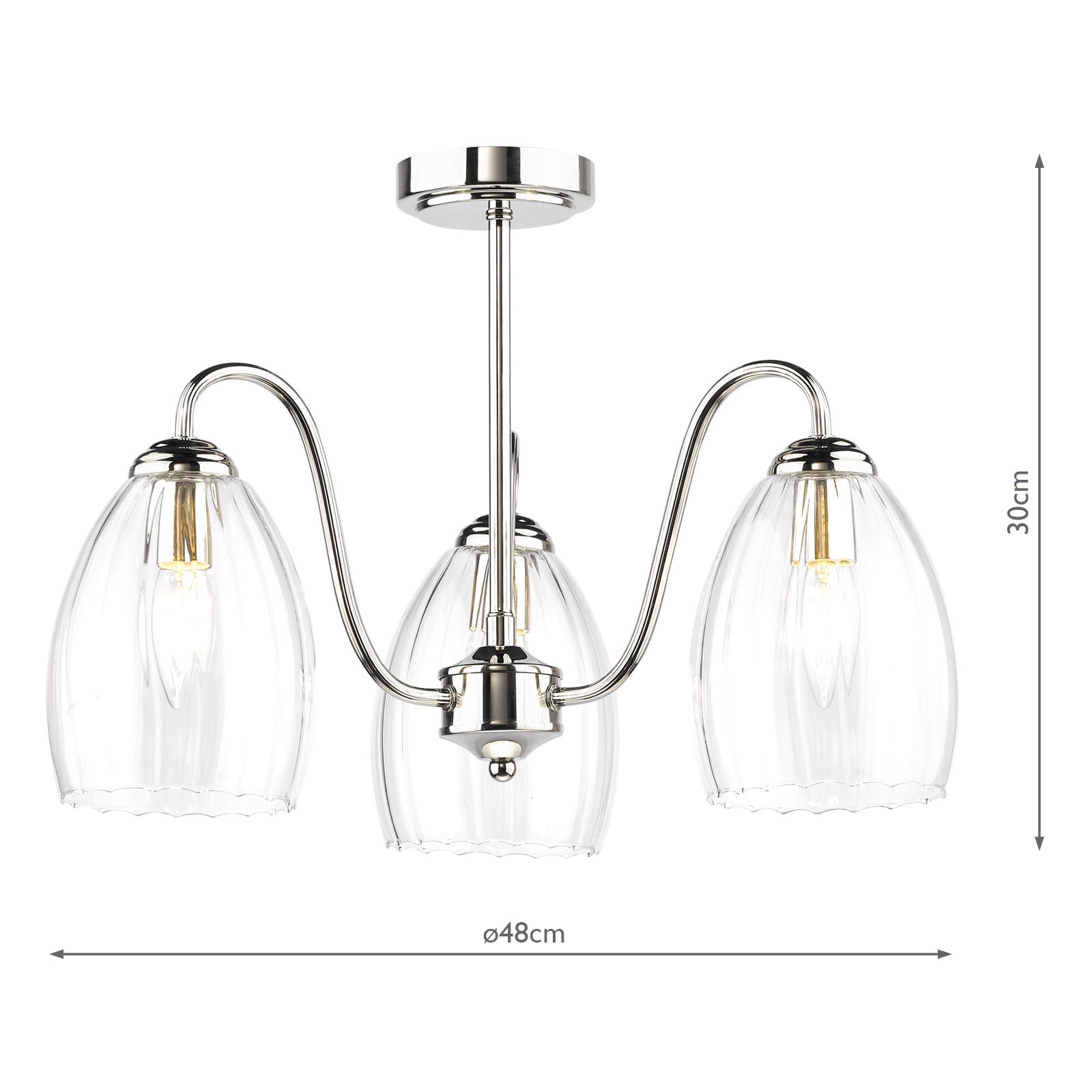 Valora 3 Light Semi-Flush Polished Nickel and Ribbed Glass