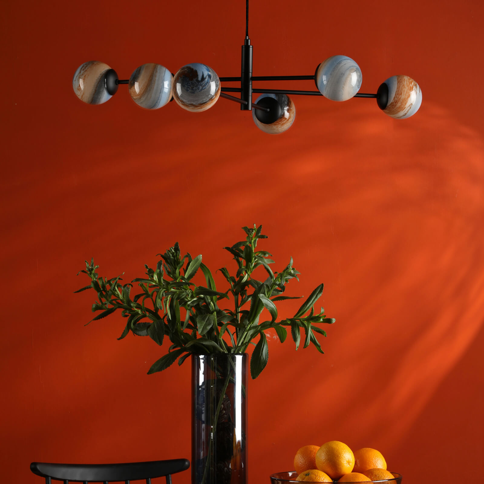 Vignette 6 Light Pendant Matt Black With Planet Style Glass