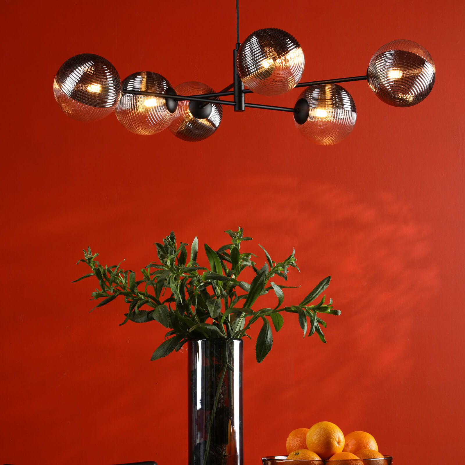 Vignette 6 Light Pendant Matt Black With Smoked/Clear Ribbed Glass