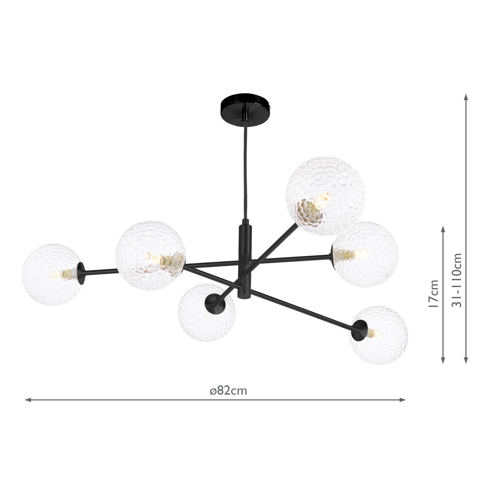 Vignette 6 Light Pendant Matt Black With Clear Hammered Glass