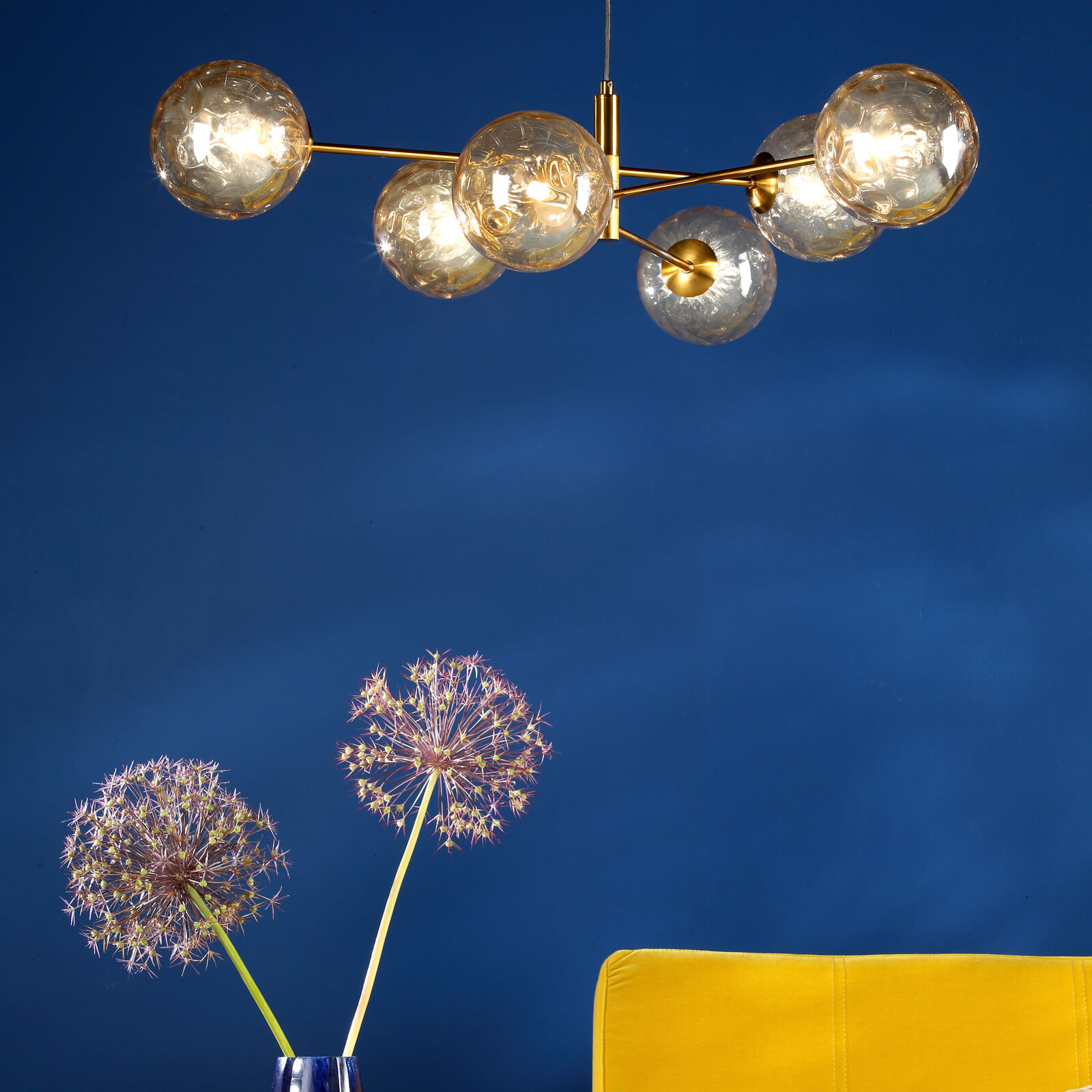 Vignette 6 Light Pendant Aged Brass With Amber Dimpled Glass