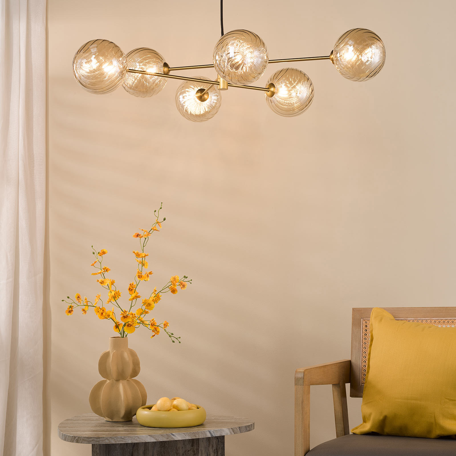 Vignette 6 Light Pendant Aged Brass With Twisted Amber Glass