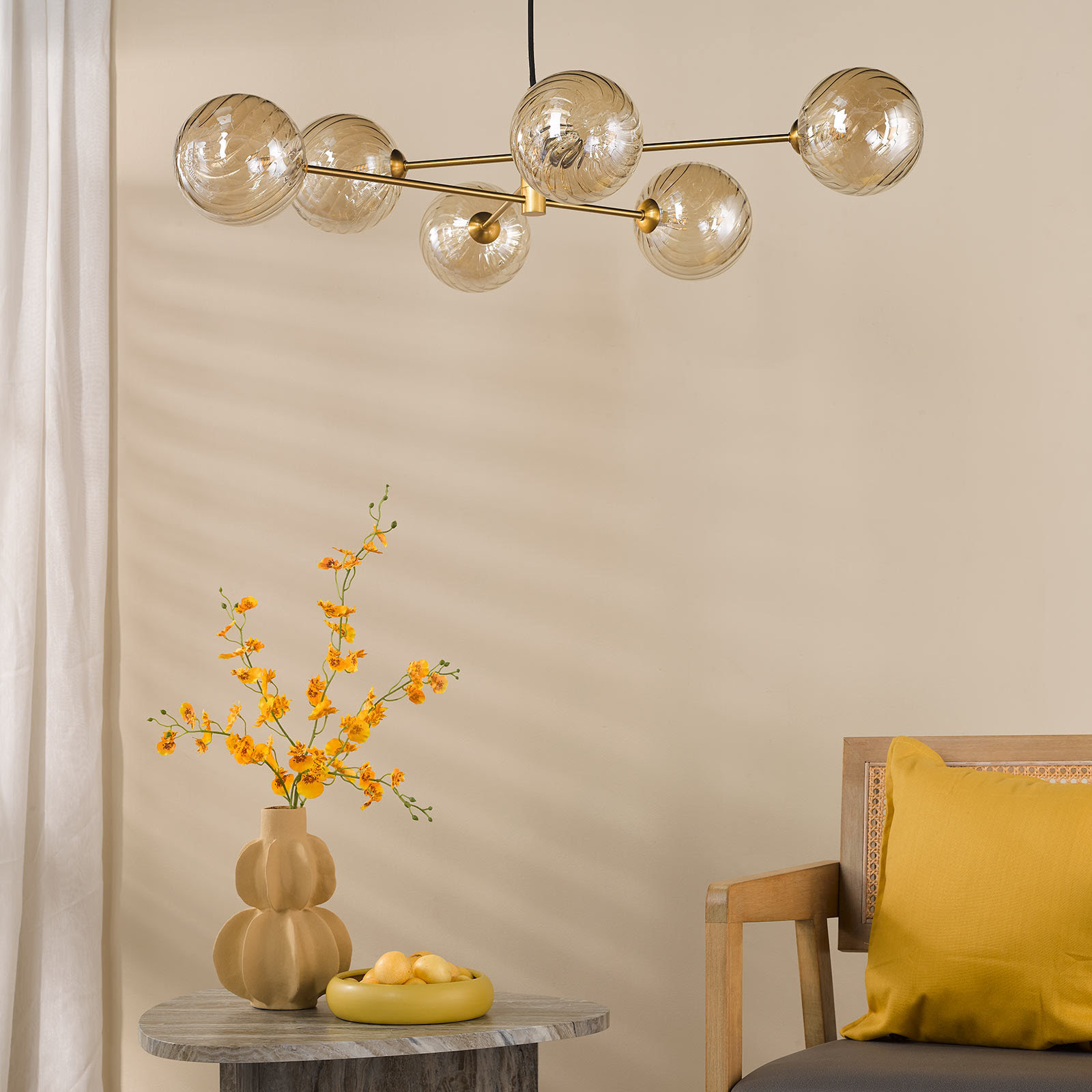 Vignette 6 Light Pendant Aged Brass With Twisted Amber Glass