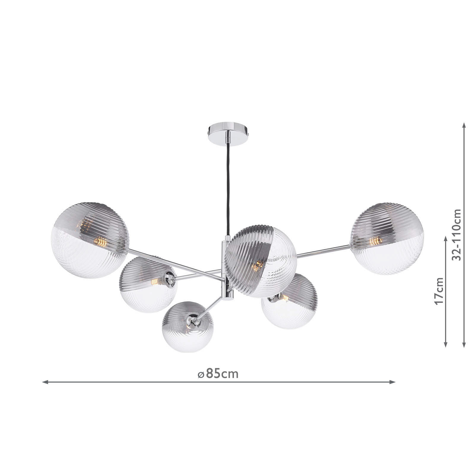 Vignette 6 Light Pendant Polished Chrome With Smoked/Clear Ribbed Glass