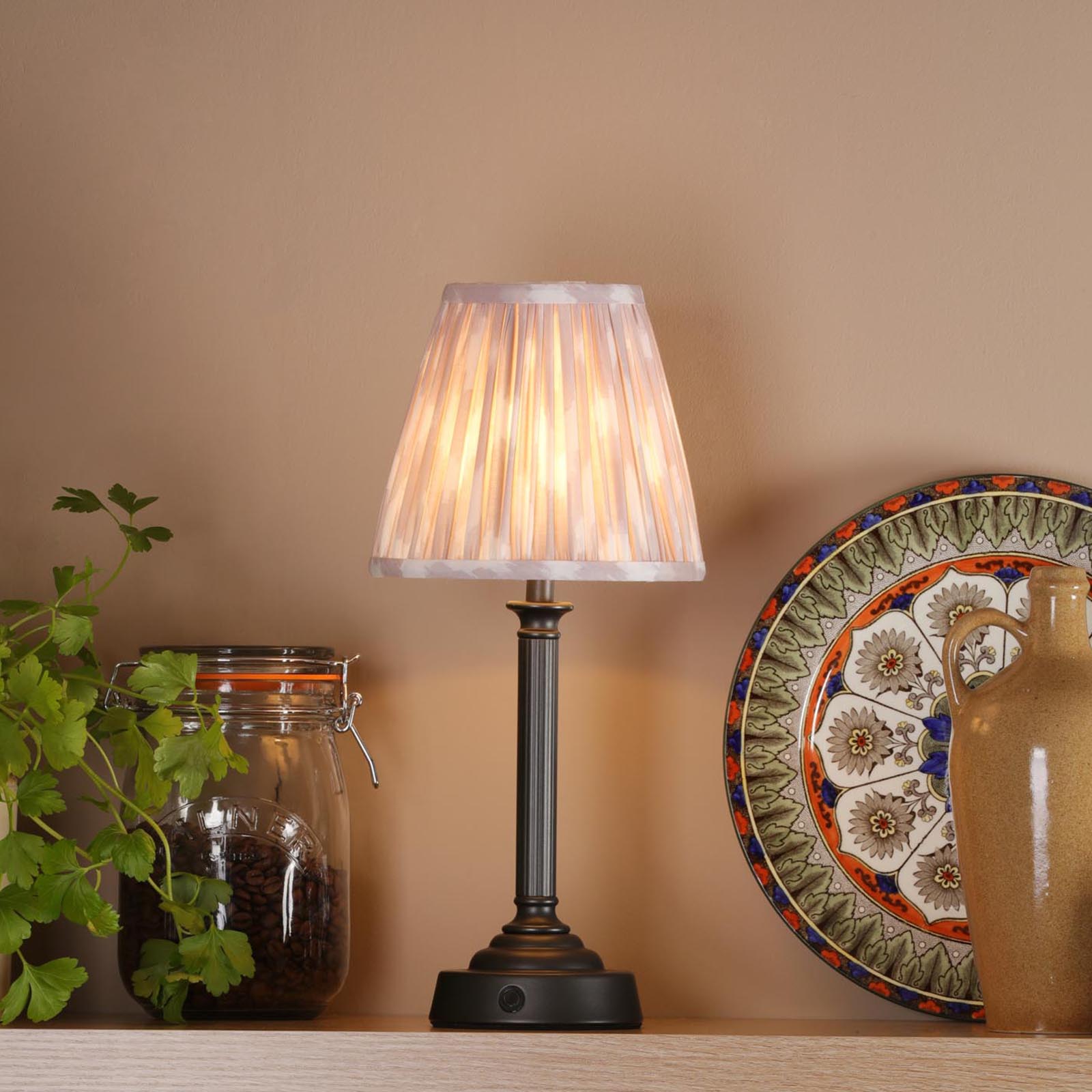 Virgil Rechargeable Table Lamp Matt Black With Taupe Ikat Shade LED
