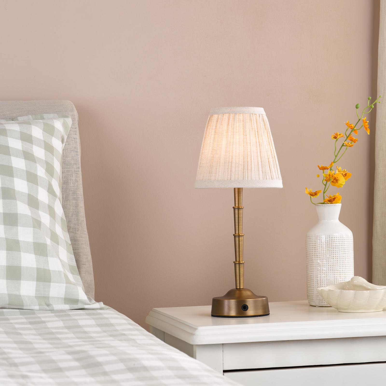 Wyman Rechargeable Table Lamp Antique Bronze With Linen Pleated Shade LED