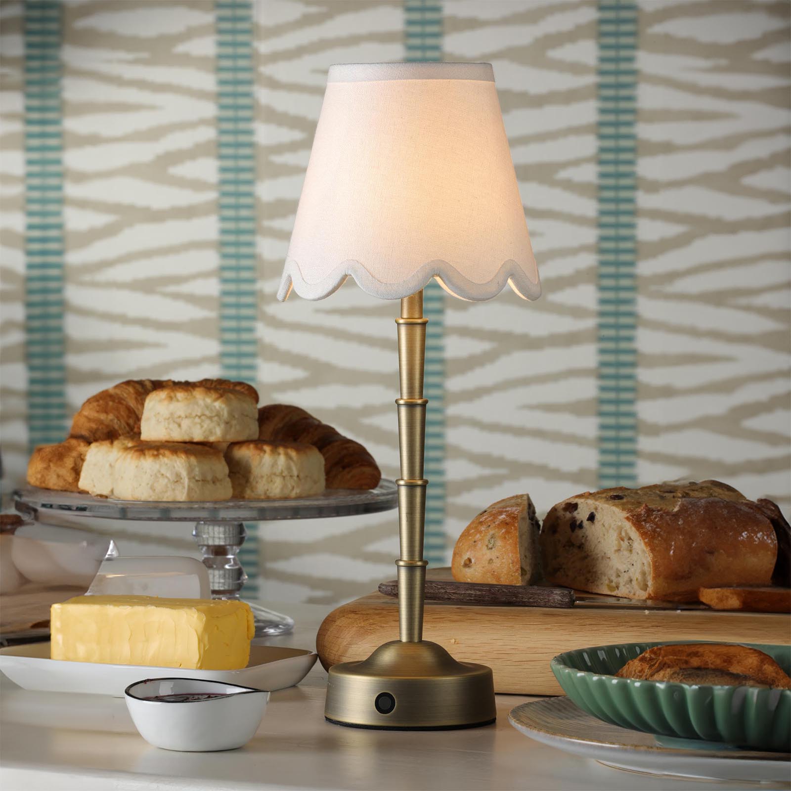 Wyman Rechargeable Table Lamp Antique Bronze With Linen Scallop Shade LED