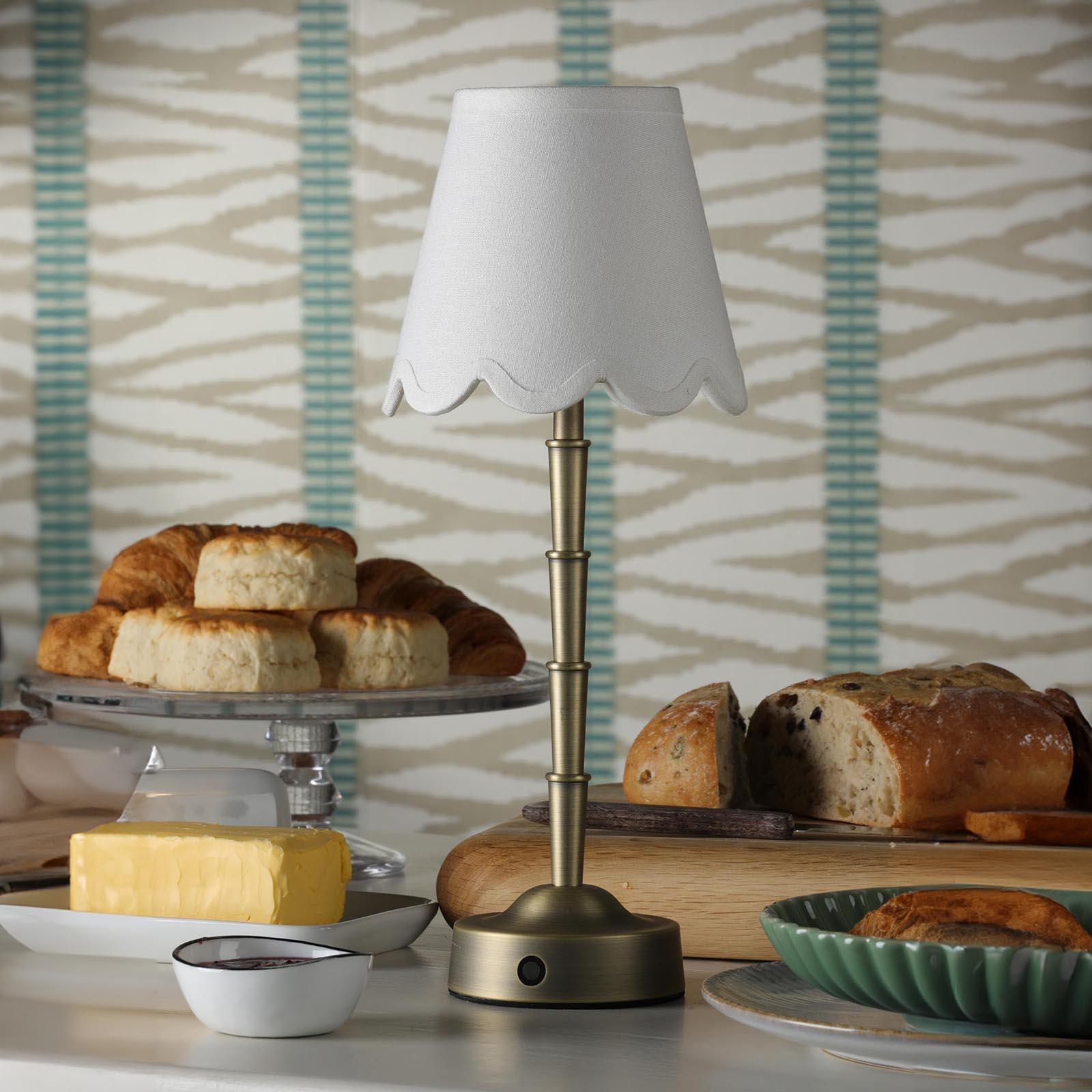 Wyman Rechargeable Table Lamp Antique Bronze With Linen Scallop Shade LED