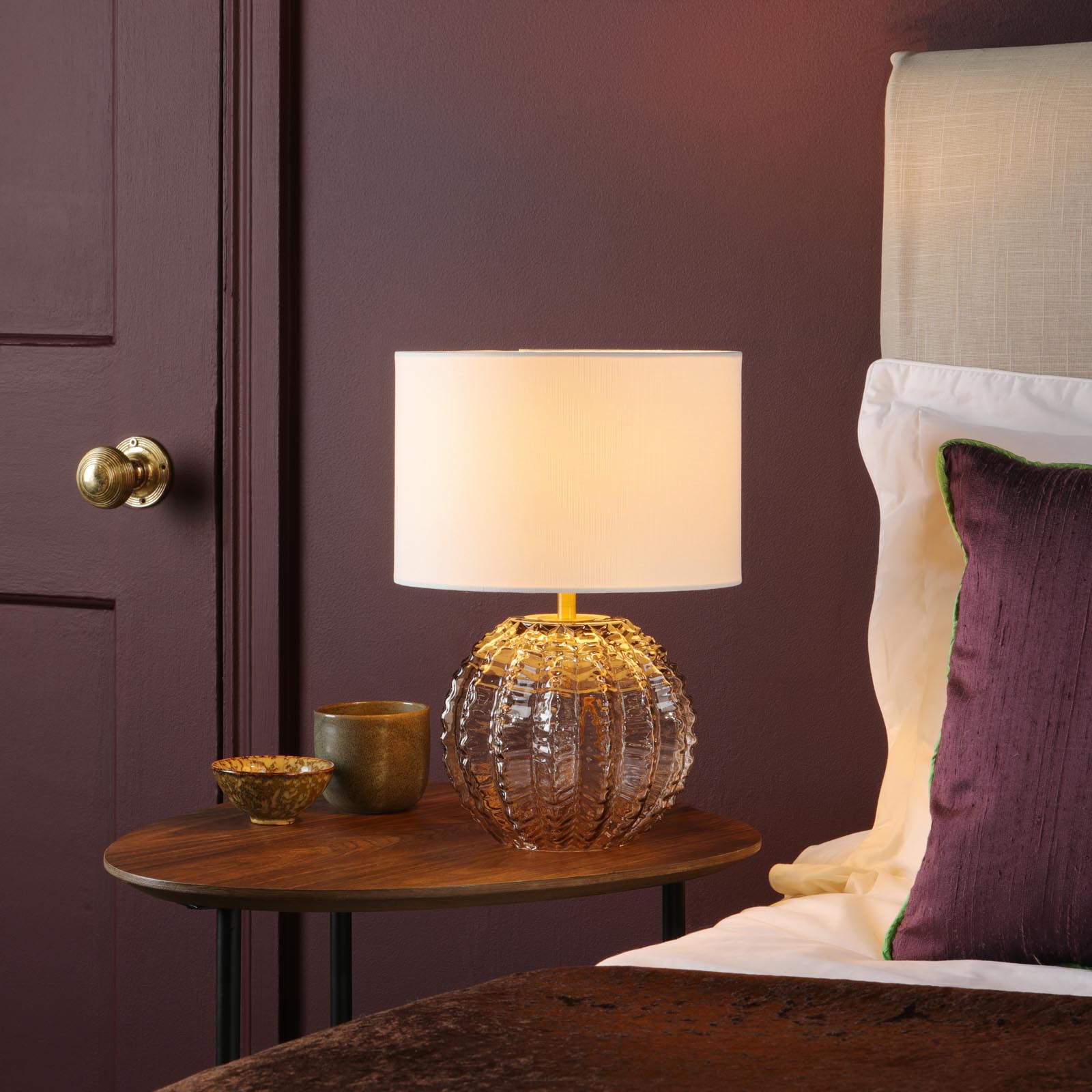 Zorin Table Lamp Tea Glass and Antique Brass With Linen Shade