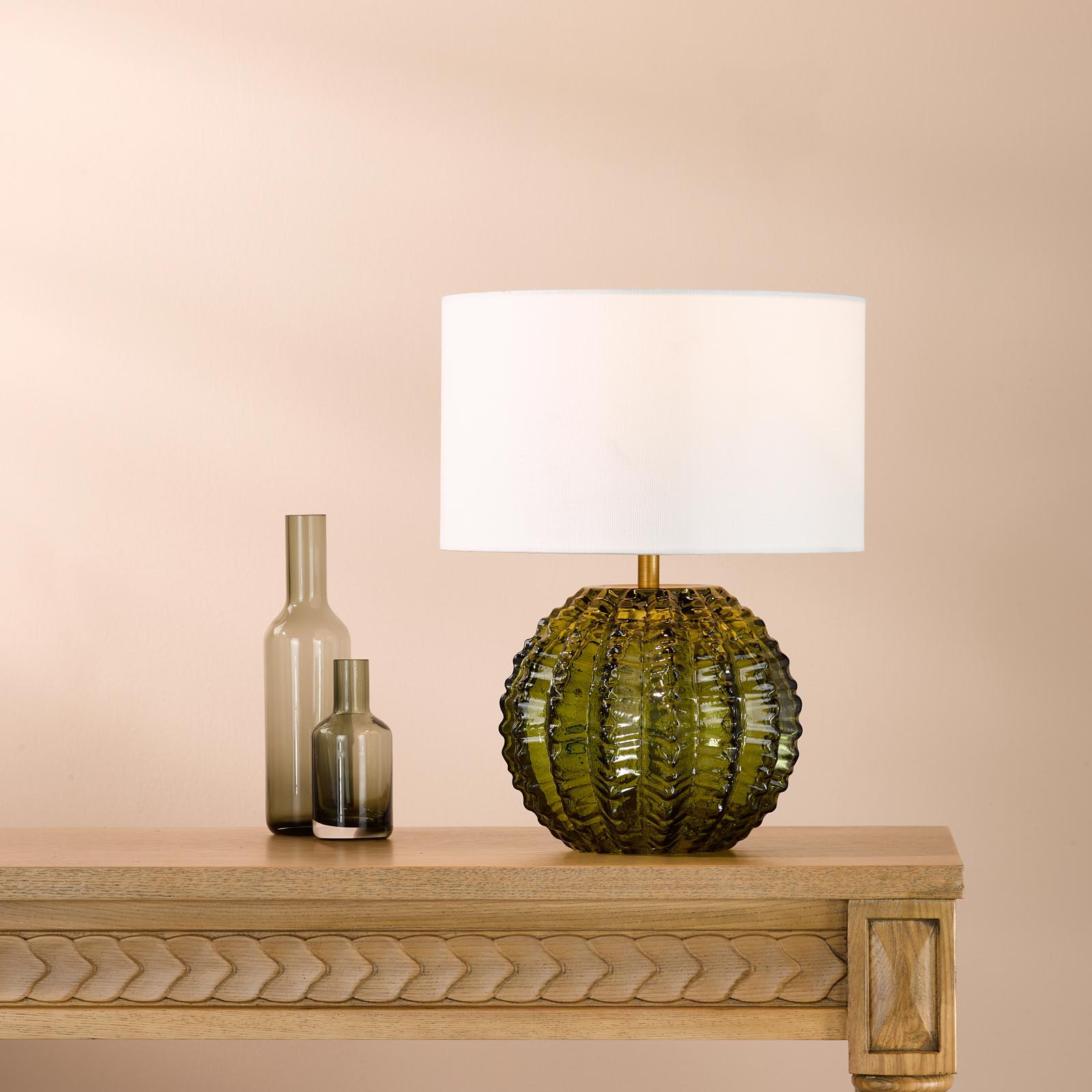 Zorin Table Lamp Green Glass and Antique Brass With Linen Shade