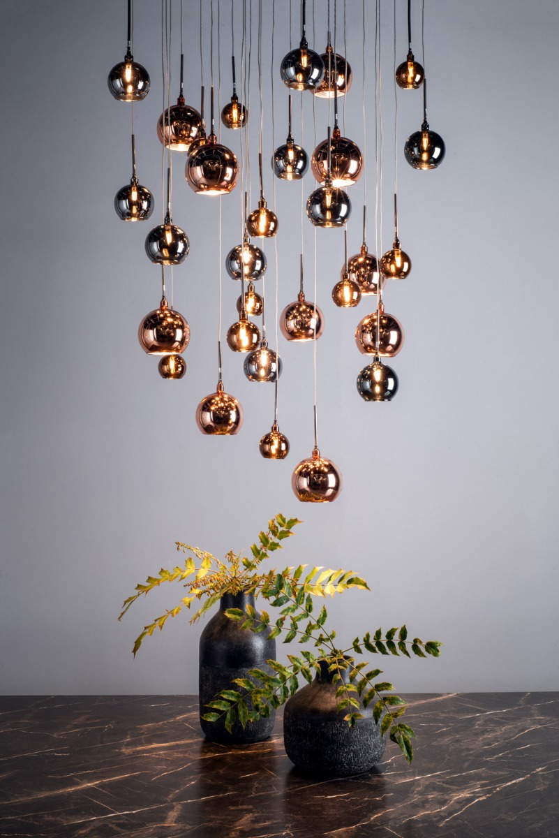Aurelia 30lt Cluster Pendant Black Chrome & Copper/Bronze Glass 3M Drop