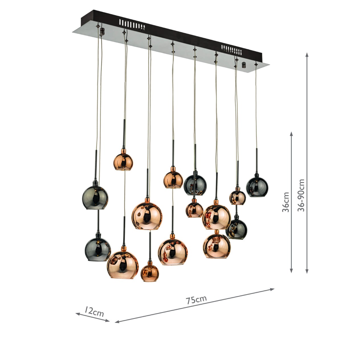 Aurelia 15 Light Bar Pendant Polished Black Chrome and Copper Glass
