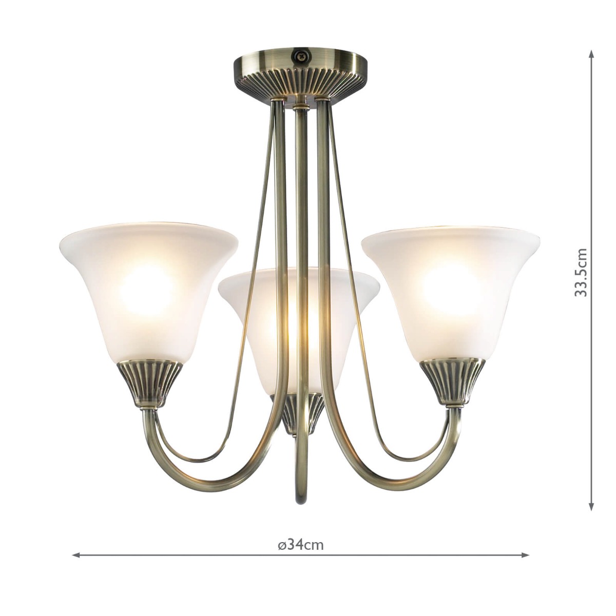 Boston 3 Light Semi-Flush Antique Brass and Opal Glass