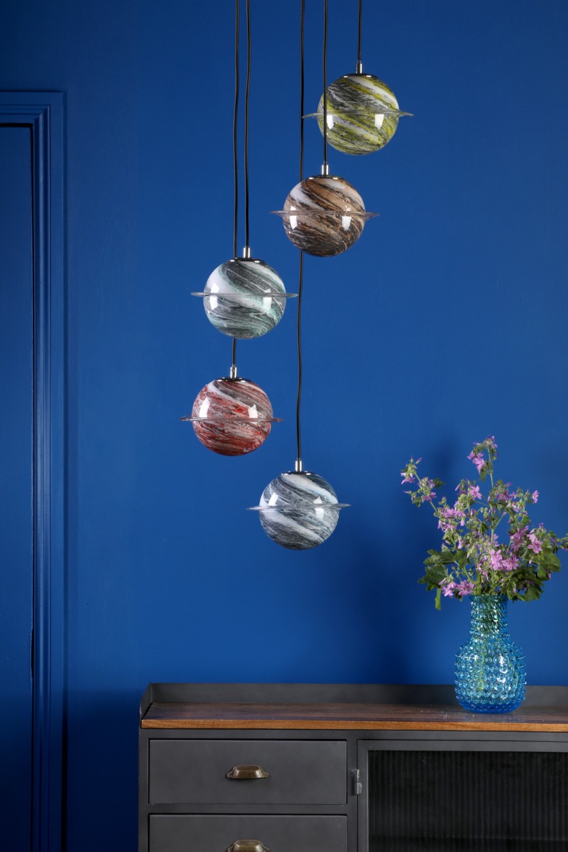 Cygnus 5 Light Cluster Pendant Polished Chrome and Planet Style Glass