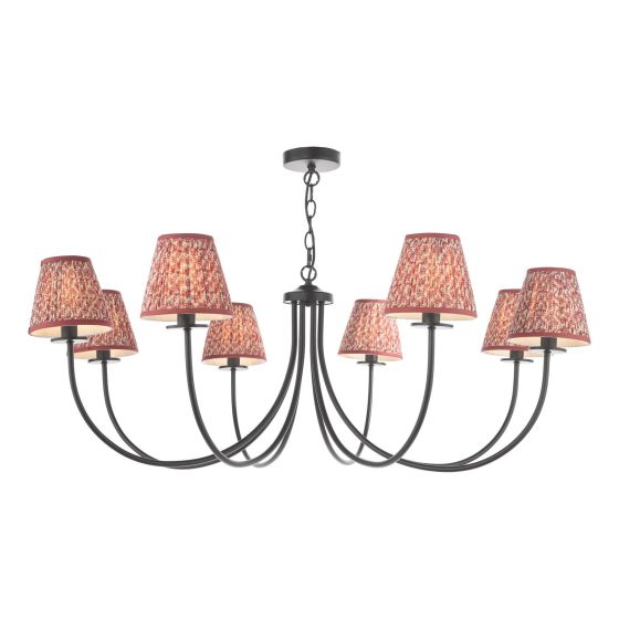 Becca 8 Light Armed Pendant Matt Black With Red Leaf Print Pleated Shade