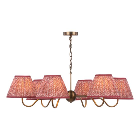 Caliro 6 Light Pendant Antique Bronze with Red Leaf Print Pleated Shades